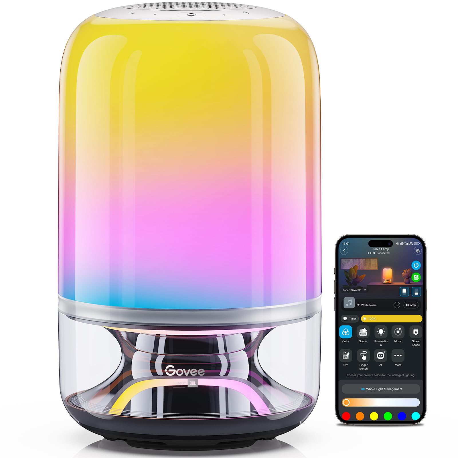 Govee Table Lamp 2 Pro x Sound by JBL(No Adapter), Bedside Table Lamp with Bluetooth Speaker, Music-Light Sync, 16 Music Modes & 100+ Scene Modes, Work with Alexa & Matter, Rechargeable Night Light