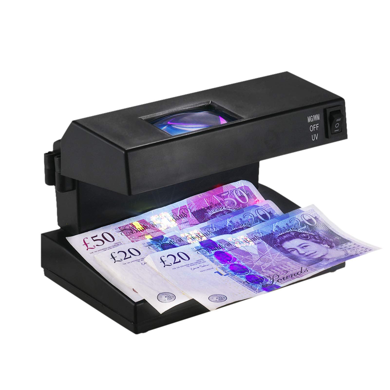 Portable Desktop Counterfeit Bill Cash Banknotes Notes Checker Machine Support Ultraviolet UV and Watermark Detection with Magnifier Forged Money Tester for USD EURO POUND, EU Plug