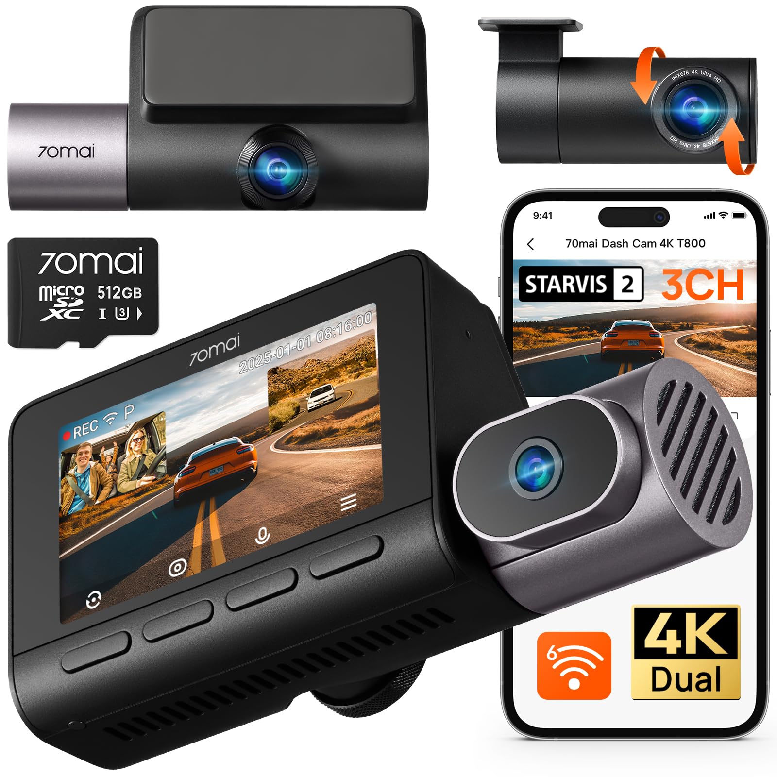 70 ام ايه اي كاميرا تابلوه 4K T800 بـ3 قنوات امامية وخلفية من الداخل (2160P+2160P+1080P)، ستارفيس 2 IMX678، رؤية ليلية HDR، كاميرا داش للسيارات مع بطاقة 512GB، واي فاي 6، 4G LTE، ADAS، وضع وقوف 24