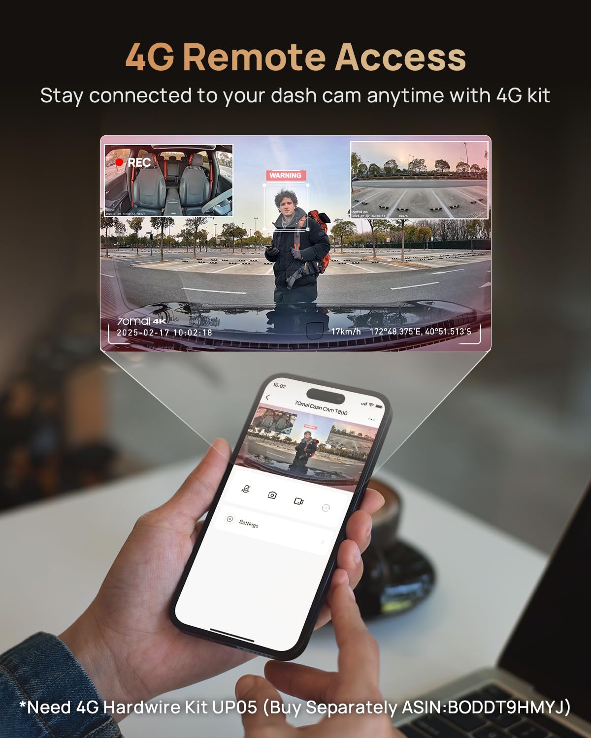 70 ام ايه اي كاميرا تابلوه 4K T800 بـ3 قنوات امامية وخلفية من الداخل (2160P+2160P+1080P)، ستارفيس 2 IMX678، رؤية ليلية HDR، كاميرا داش للسيارات مع بطاقة 512GB، واي فاي 6، 4G LTE، ADAS، وضع وقوف 24