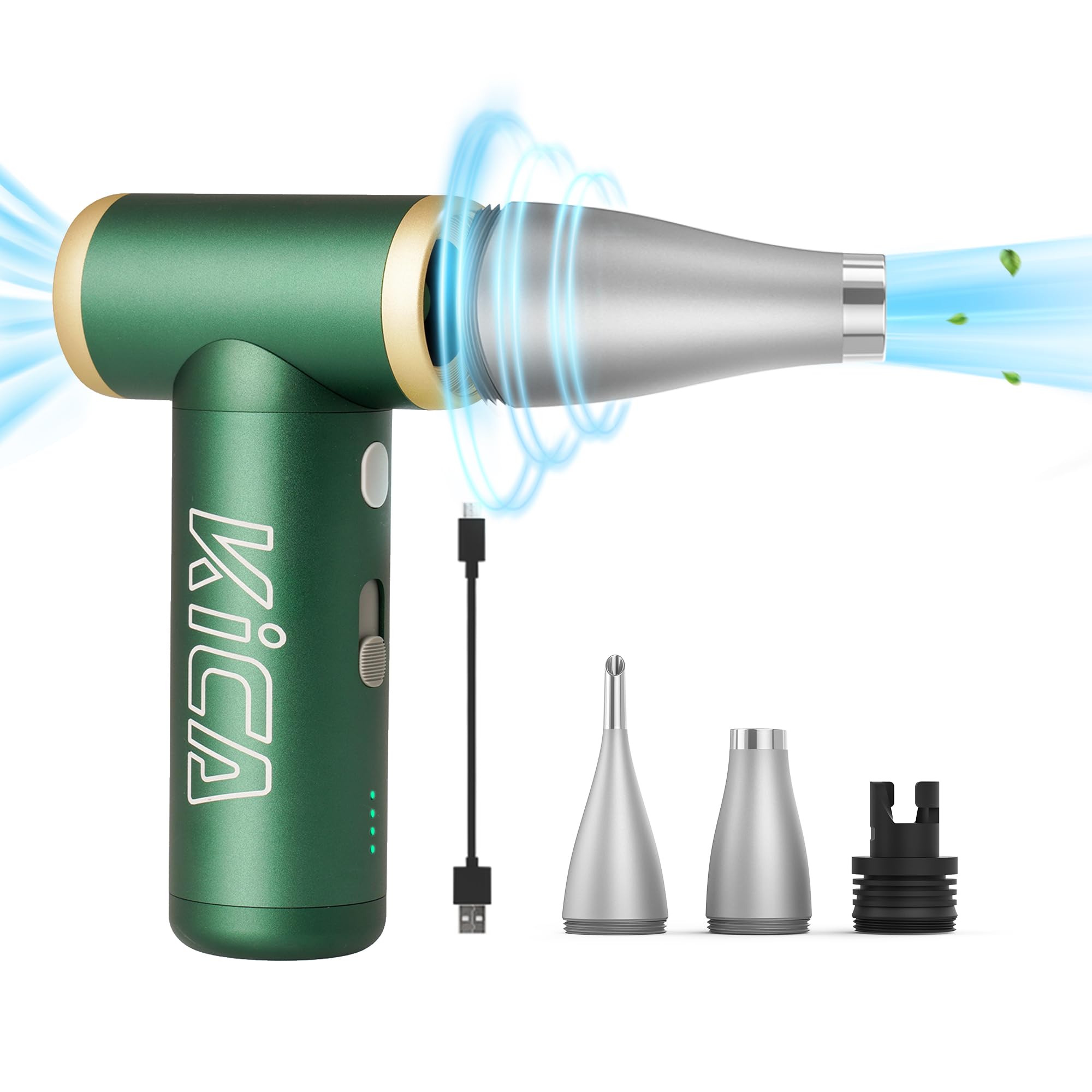 Kica Compressed Air Duster- JetFan 2S Electric Air Duster,117000 RPM Rechargeable Cordless Air Blower for Cleaning Keyboard&PC, Jet Dry Duster with New Extreme Mode, Metal Shell-Green