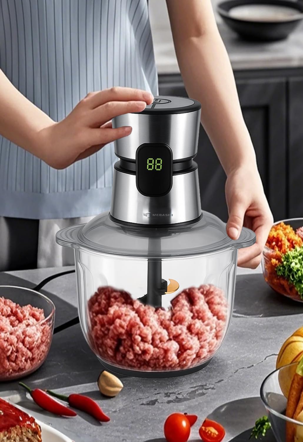 MEBASHI Digital Chopper With Touch Screen, 600W, 5L Glass Bowl, 3 Speeds, Low Noise And Smooth Motor With Constant Power, (ME-CH4008) Black