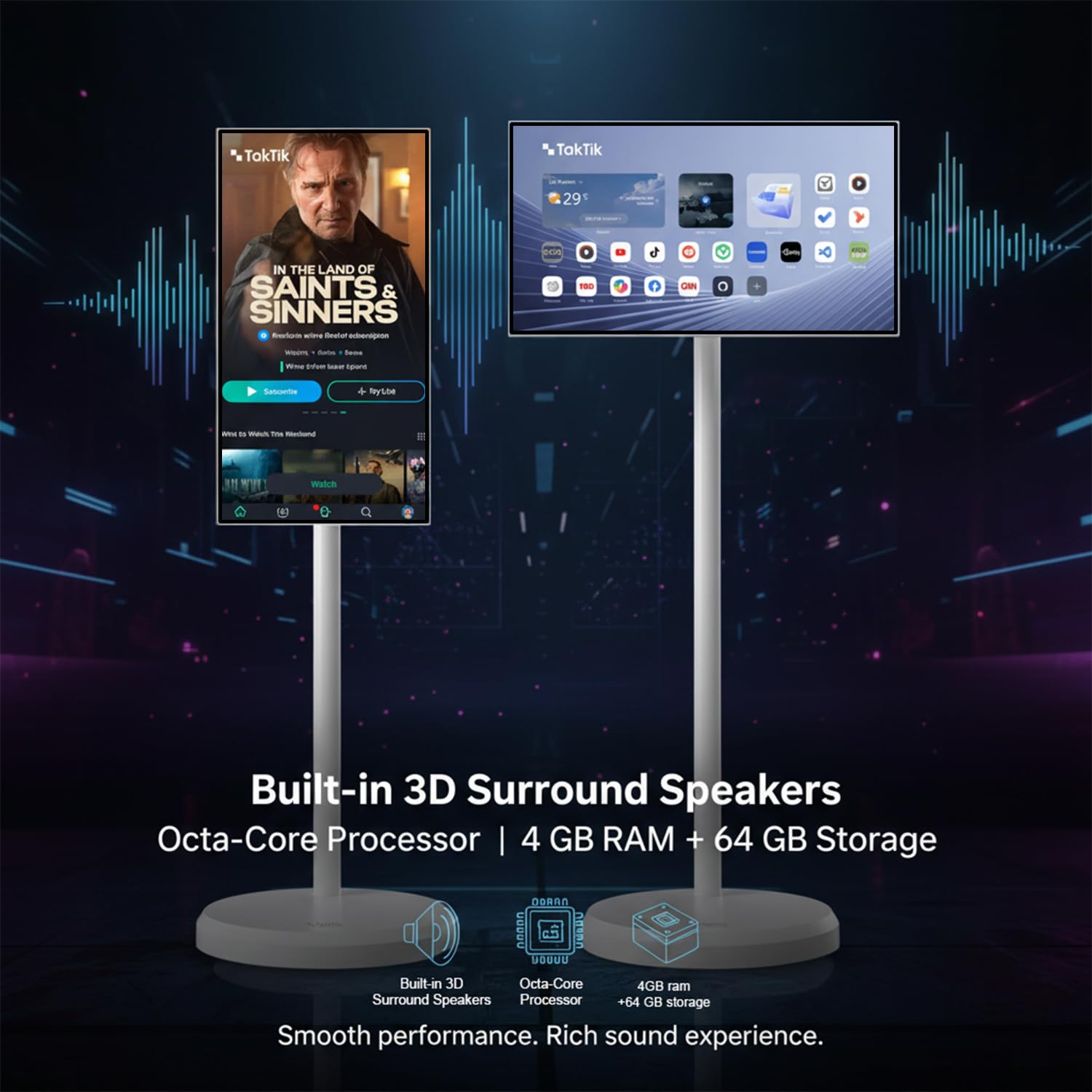 Taktik 21.5” Android Smart Screen LCD Display | Indoor Floor Standing Touch Screen with 1080p HD | Wireless Screen Mirroring |Built-in Battery | 3D Surround Sound Movable Stand Chromecast Ready