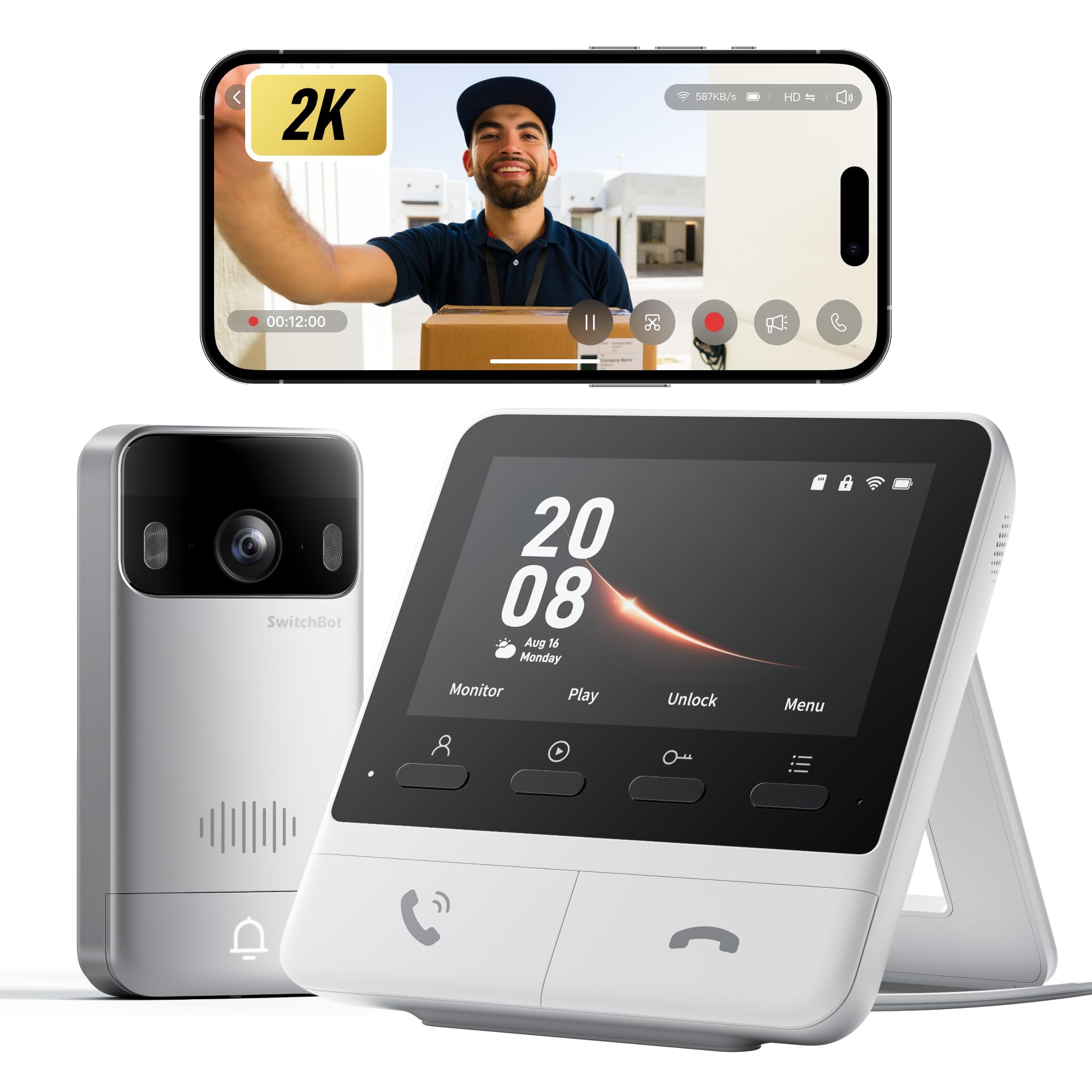 SwitchBot Video Doorbell Camera, No Subscription, Includes Display, Dual Power Options, Head-to-Toe View, 2K Video, Two-Way Audio, Motion Detection, Wireless Intercom System, Compatible with Alexa and Google Home
