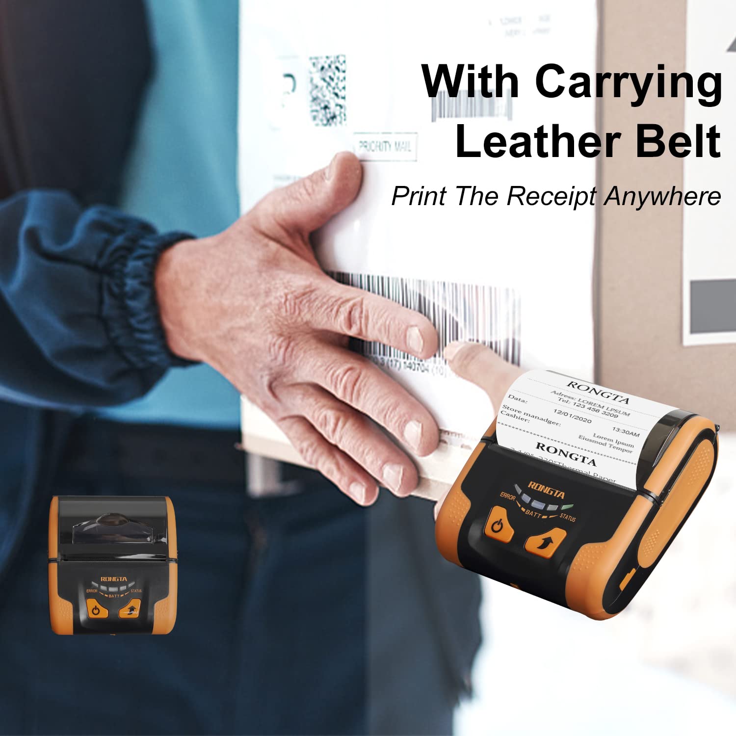 رونغتا طابعة ايصالات حرارية صغيرة محمولة بحجم 80 ملم RPP300 مع واجهات بلوتوث + USB، لون برتقالي