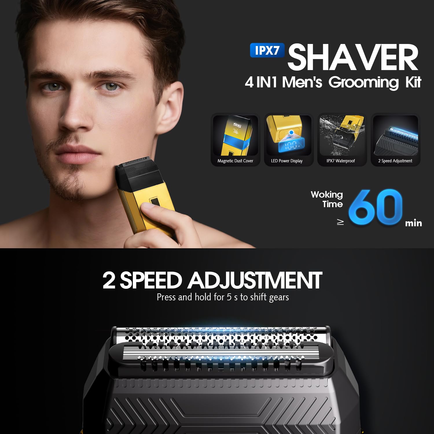 DSP 4-in-1 Men's Care Set with Beard Trimmer, Body Shaver, Nose Hair Trimmer and Razor, IPX7 Waterproof, 20 Levels Adjustable, LED Display, Face and Body Care Set with Ceramic Blades