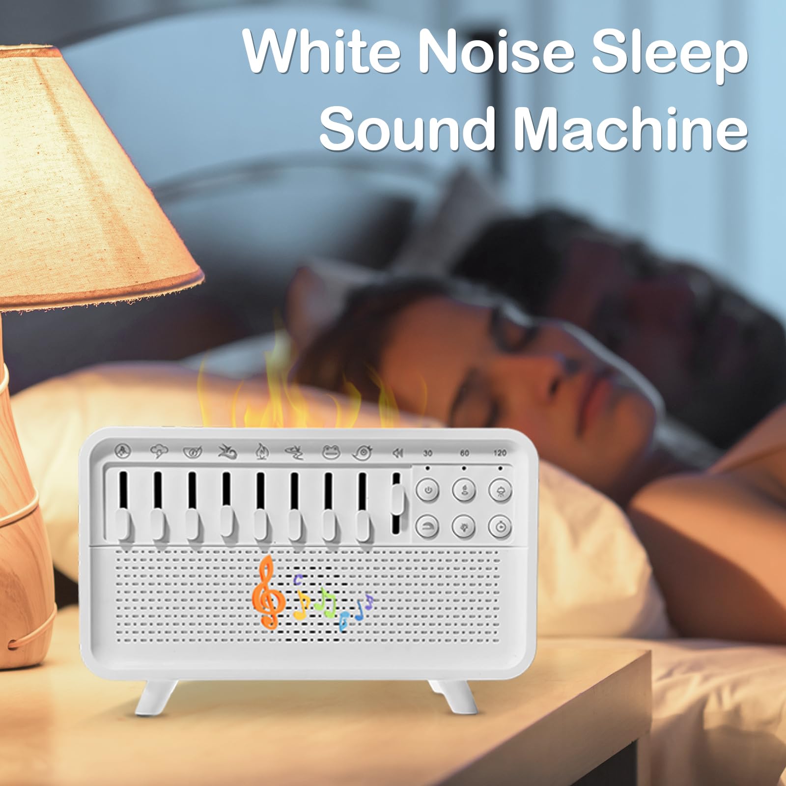 Air Humidifier with White Noise, Portable Sound Machine with Timer and 8 Natural Ambient Sounds, Humidifier with White Noise, Sleep Sound Machine, Flame Diffuser with Night Light