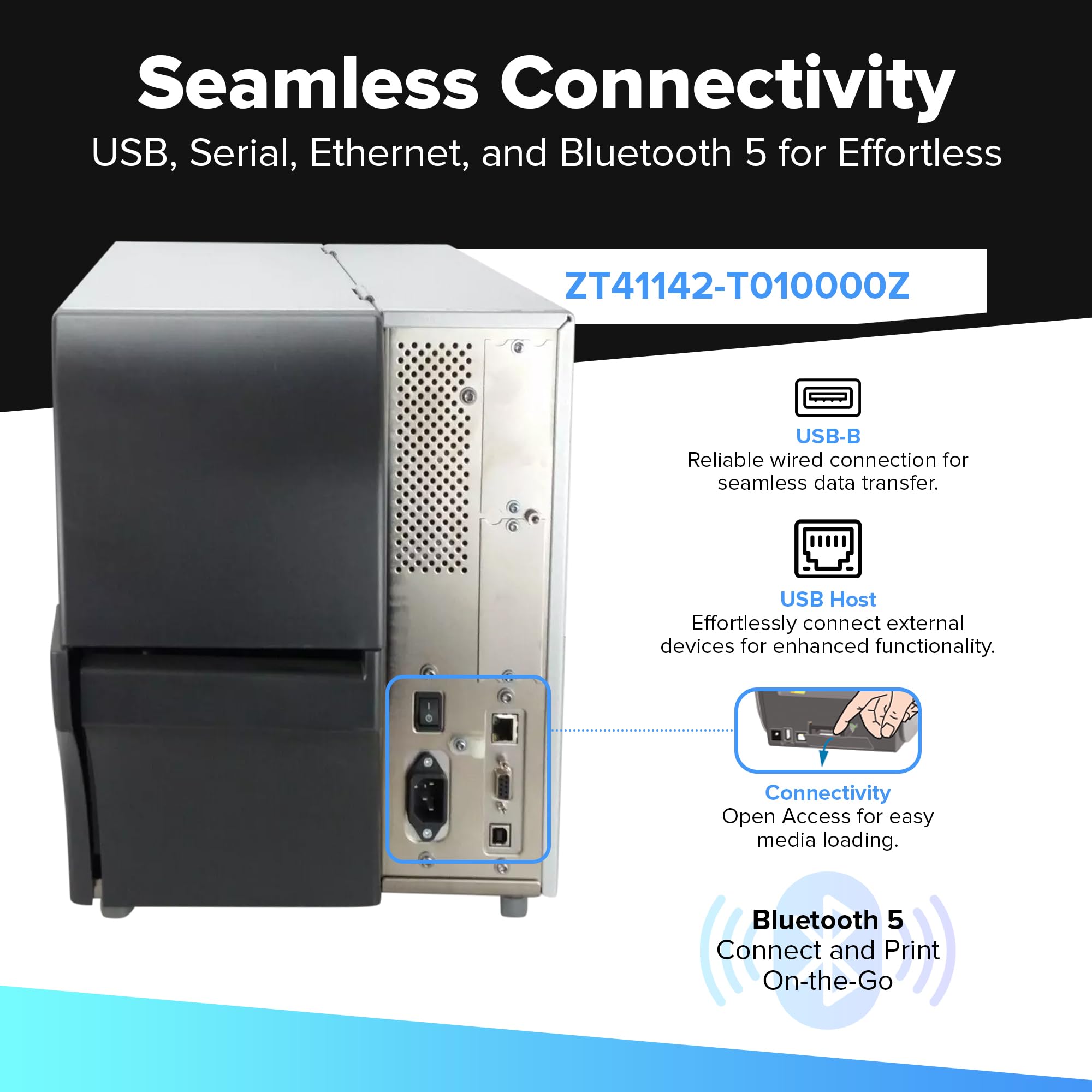 Zebra ZT411 203 DPI | Thermal Transfer and Direct Thermal | Industrial Printer ZT41142-T010000Z | 4-inch Width with Serial, USB, Ethernet and Bluetooth Connectivity | Includes GetSet Software