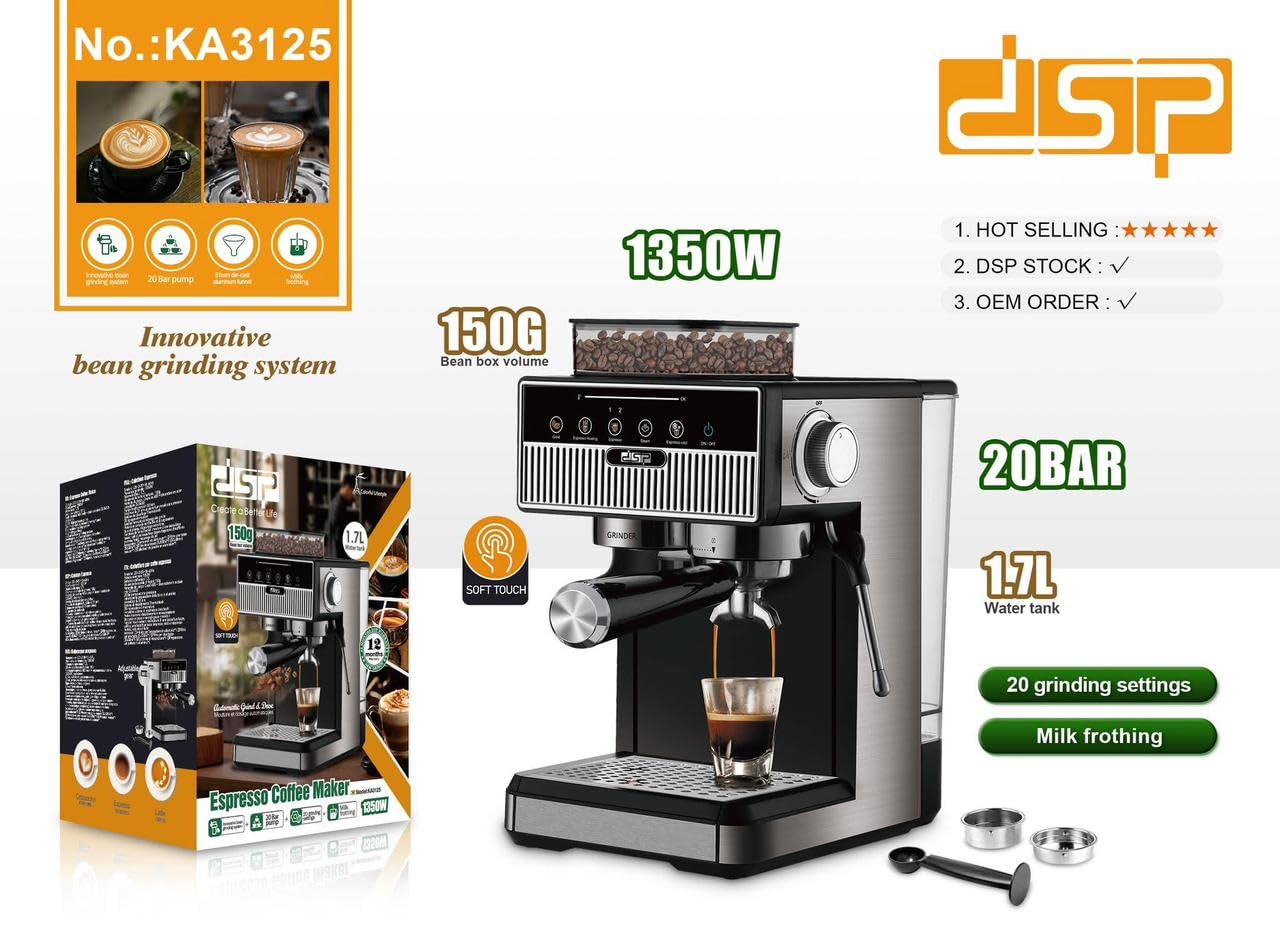 DSP Professional Coffee Machine Stainless Steel Home Use Espresso Coffee Maker 1.7L 20bar Espresso Coffee Maker 1350W with innovative 150g bean Grinding system KA3125