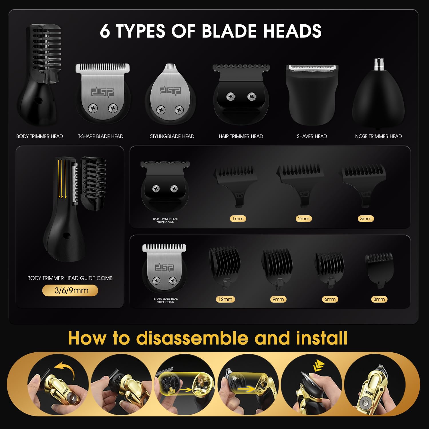 DSP Men's Facial Hair Trimmer Set, Beard and Nose Trimmer, Rechargeable via USB, IPX7 Waterproof