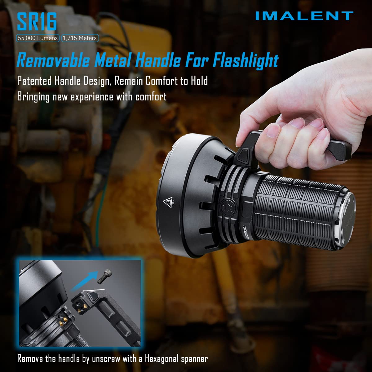 Imalent SR16 Powerful Rechargeable Compact Flashlight 55000 Lumens Long Range 1720m, 16 CREE XHP50.3 LEDs - Lightweight Handle Ideal for Fishing, Industrial, and Police