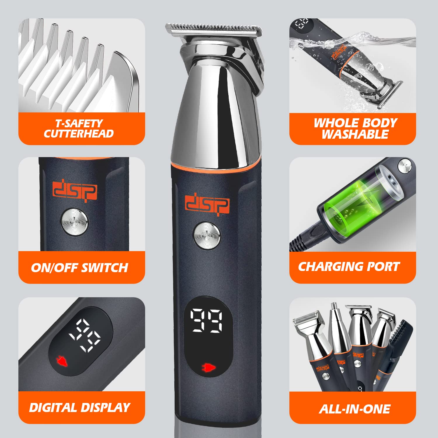DSP® Rechargeable Beard Trimmer Kit, Facial Hair Trimmer for Nose and Ear, All-Purpose Hair Clipper IPX7 Waterproof