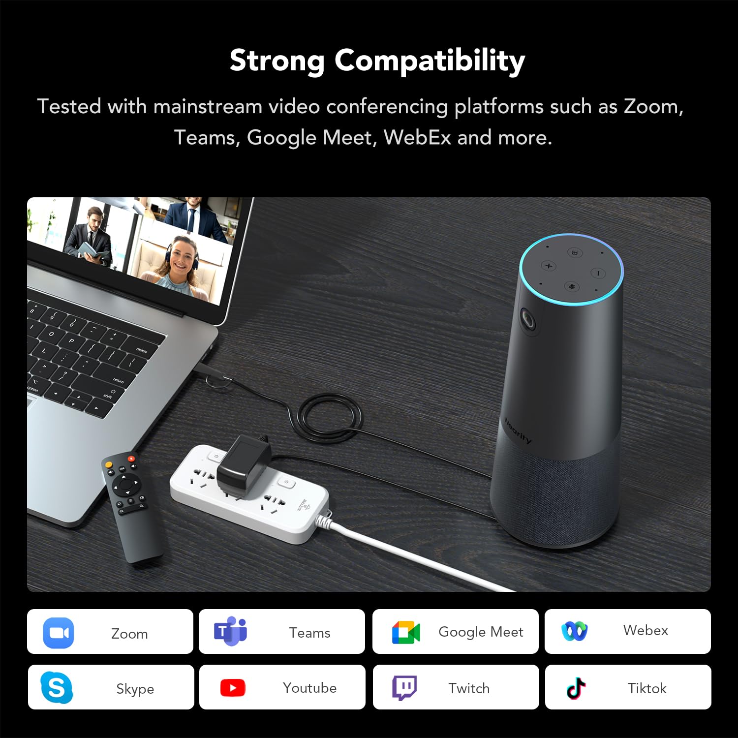 NEARITY C45 2K Video Conference Webcam with Microphone and Speaker, All-in-One Webcam with 4 Noise Cancelling Microphones, 5X Zoom FHD Webcam AI Auto-Framing Plug and Play for Zoom/Teams/Google Meet