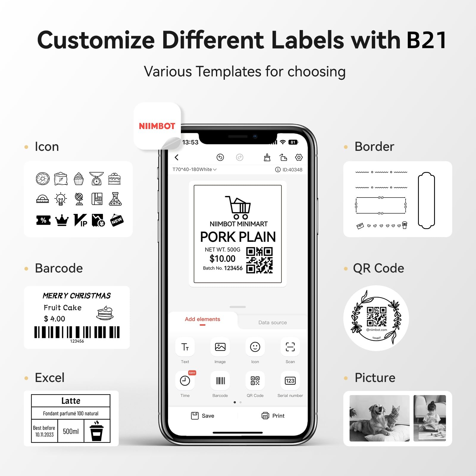 NIIMBOT B21 Label Maker, 2 Inch Portable Thermal Label Printer, Label Maker Machine with Tape, Compatible with Android, iOS & PC,Labeling for Home Storage Office and Small Business,Black