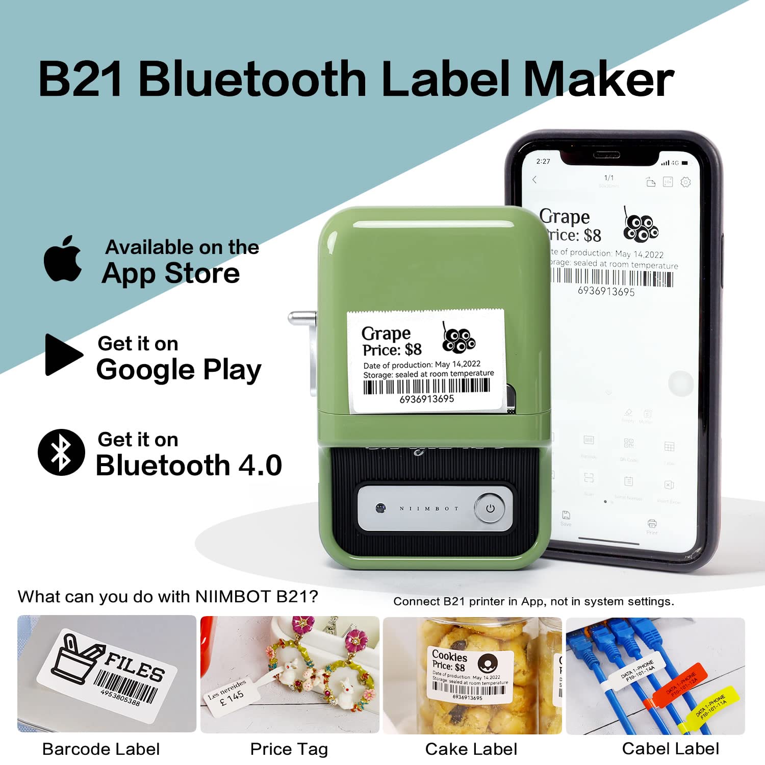 NIIMBOT Bluetooth Label Maker B21 - Portable Barcode Printer, Mini Wireless Thermal Label Maker Machine for Retail, Address, Jewelry, Home, for iOS & Android, with 50x30mm Label (1 Roll of 230),Green