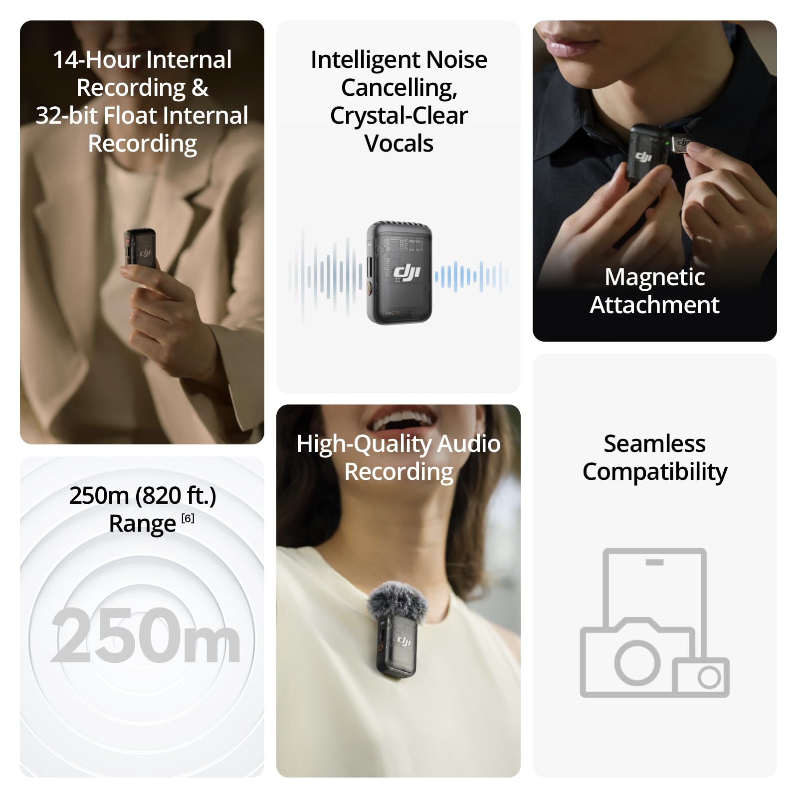DJI ميكروفون 2 (1 TX + 1 RX)، ميكروفون لاسلكي مع خاصية الغاء الضوضاء الذكية، تسجيل داخلي عائم 32 بت، صوت محسن، نطاق 250 متر (850 قدم)، ميكروفون لايفون، اندرويد، الكاميرا، مدونات الفيديو