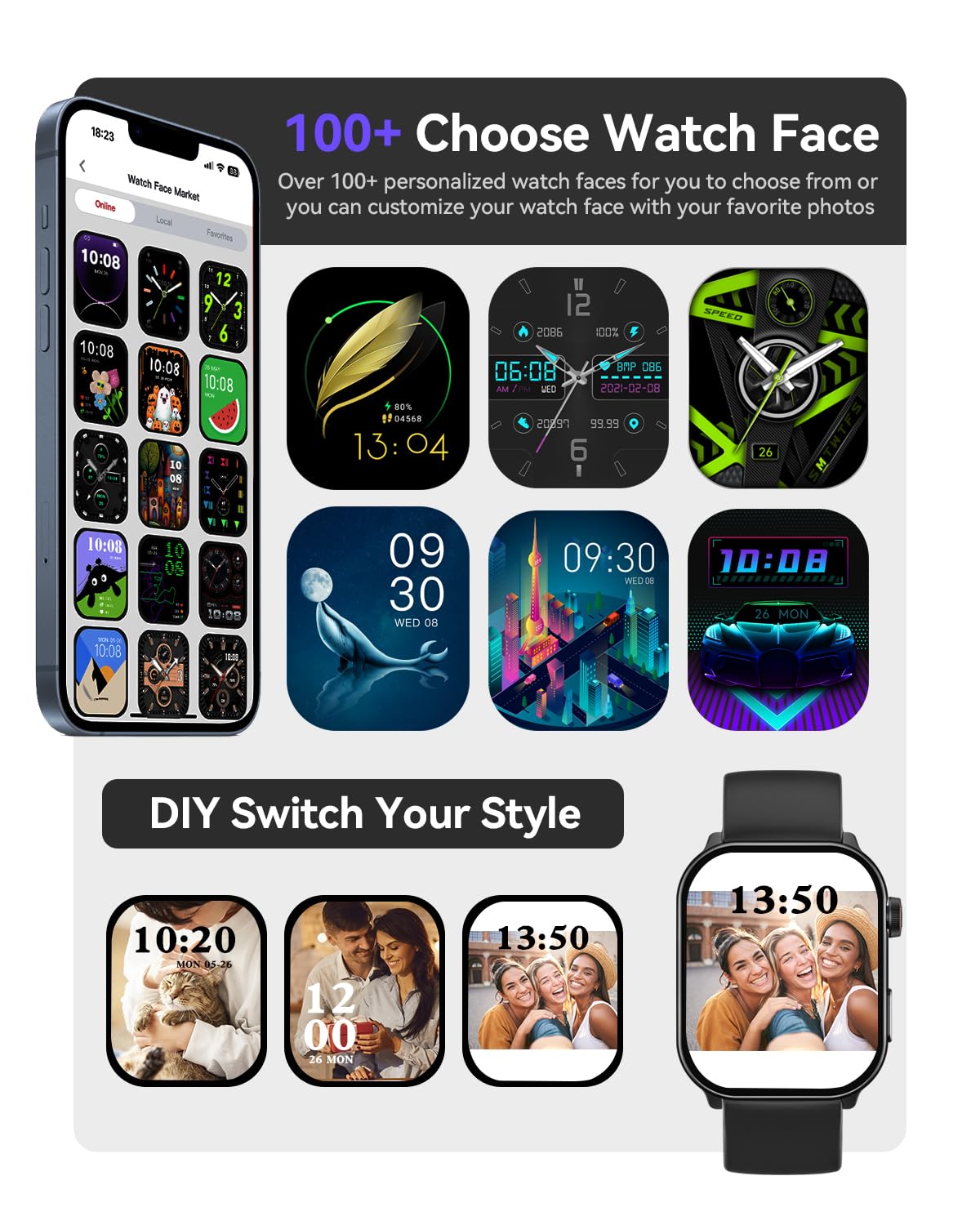 Smart Watch (Answer/Make Call), 2.1" Curved AMOLED Screen Smartwatch for Men Women, 100+ Sport Modes Fitness Tracker, Heart Rate Sleep SpO2 Monitor, IP68 Activity Trackers, Android and iOS Compatible