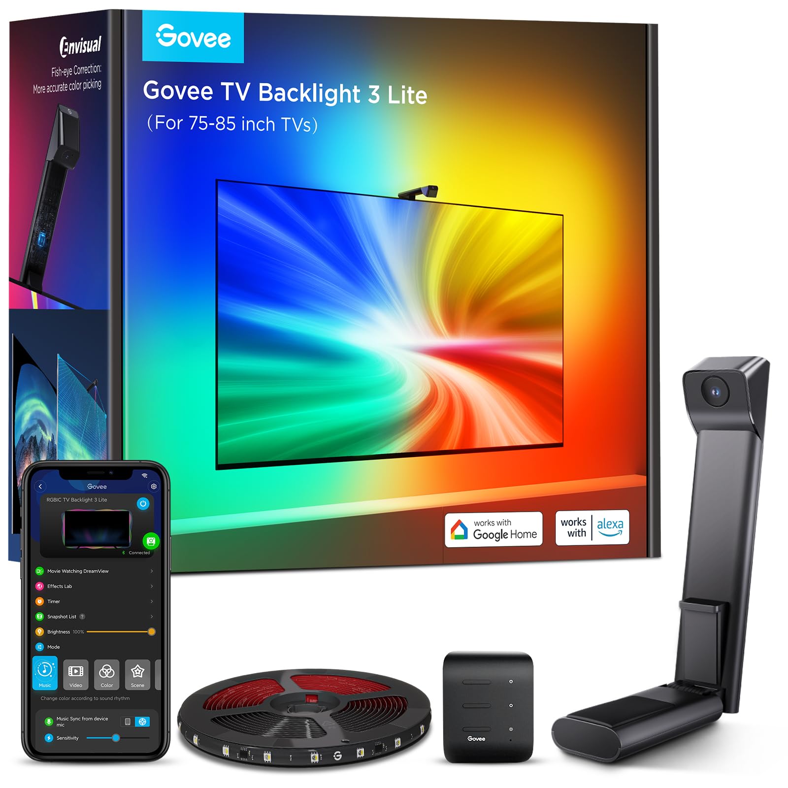 Govee 16.4ft RGBICW WiFi with Camera, LED TV Backlight Lights 3 Lite with Fish-Eye Function, 4 Colors in 1 Lamp, Voice and App Control, LED Strip Suitable for 75 to 85 inch TV