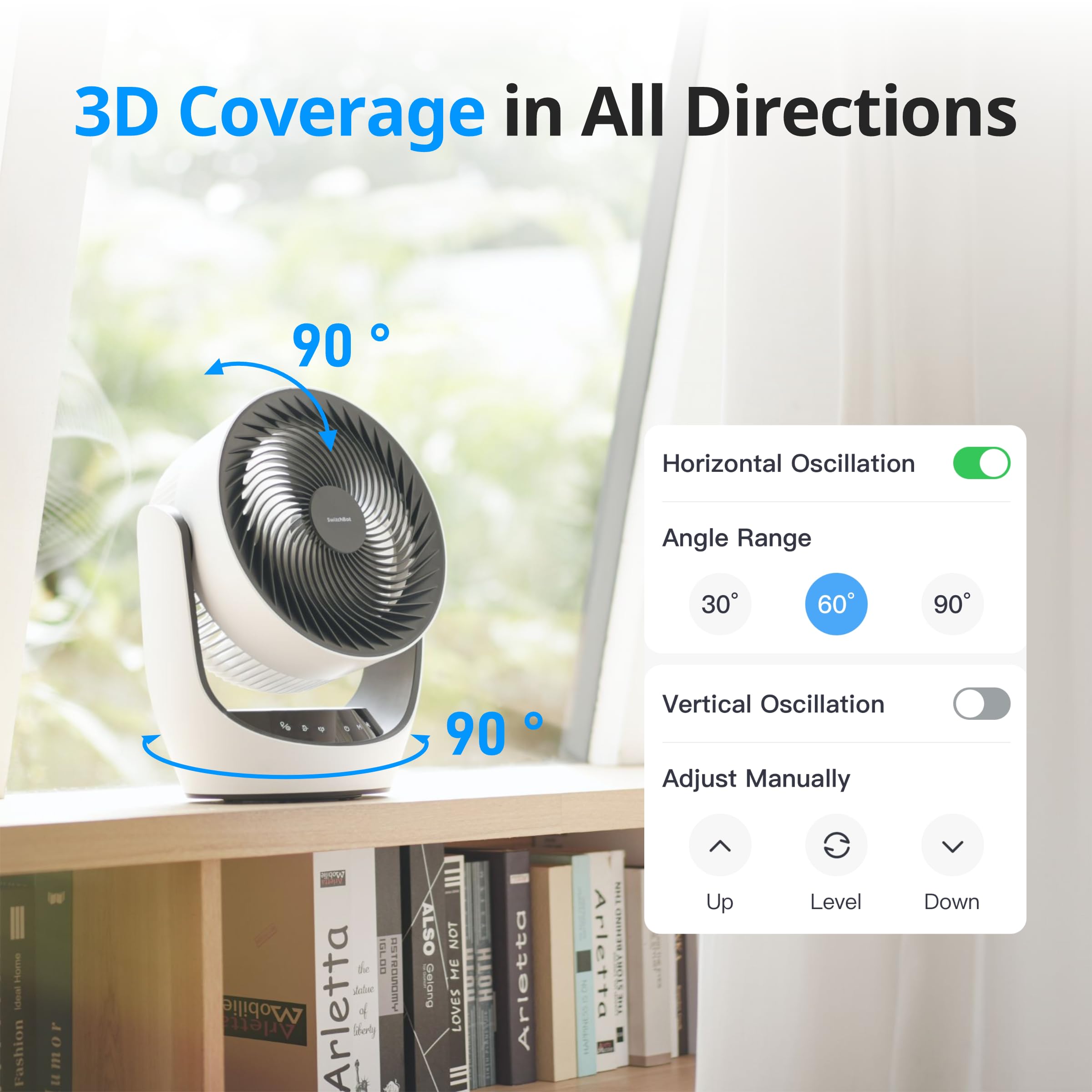 SwitchBot Smart Air Circulator Fan, Portable Battery Circulation Fan for Indoor/Outdoor Use, 24db Ultra Quiet, 9 Speeds Strong Airflow, 9H Timer, Compatible with Alexa When Paired Hub