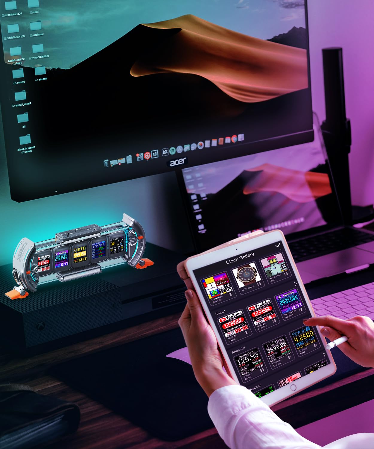 Divoom Times Gate Cyberpunk RGB Gaming Desk Accessories - Silver Gaming Room Decor with WiFi Connection, DIY Pixel Art Display Screen, Compatible with iPhone and Android