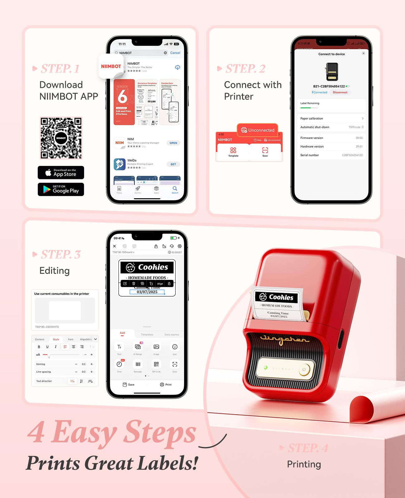 NIIMBOT B21 Portable Thermal Label Maker Inkless, Wireless Bluetooth Label Printer for Clothing, Addresses, Business, Compatible with iOS and Android, with 1 Roll 50x30mm White Labels, Black