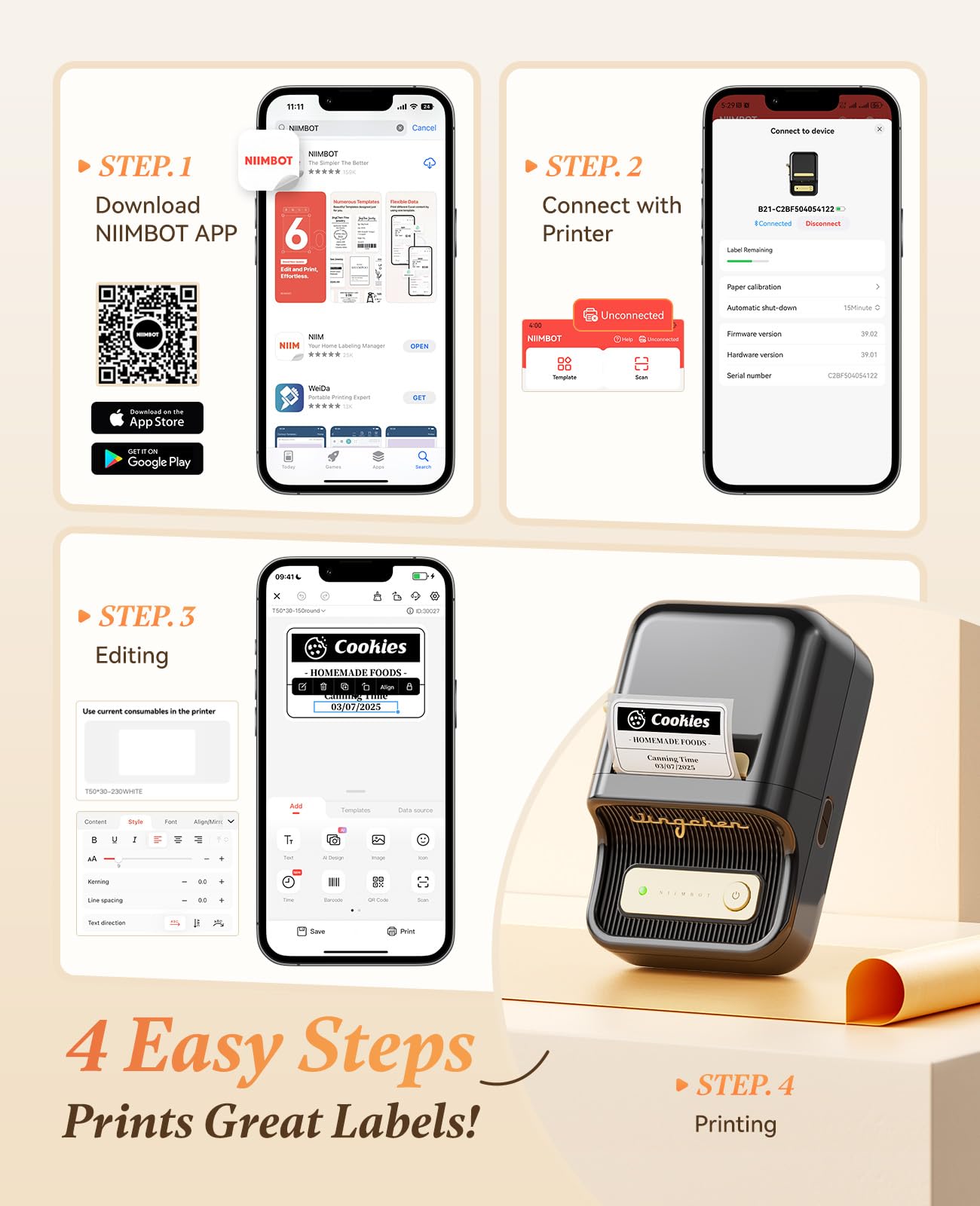 NIIMBOT B21 Portable Thermal Label Maker Inkless, Wireless Bluetooth Label Printer for Clothing, Addresses, Business, Compatible with iOS and Android, with 1 Roll 50x30mm White Labels, Black