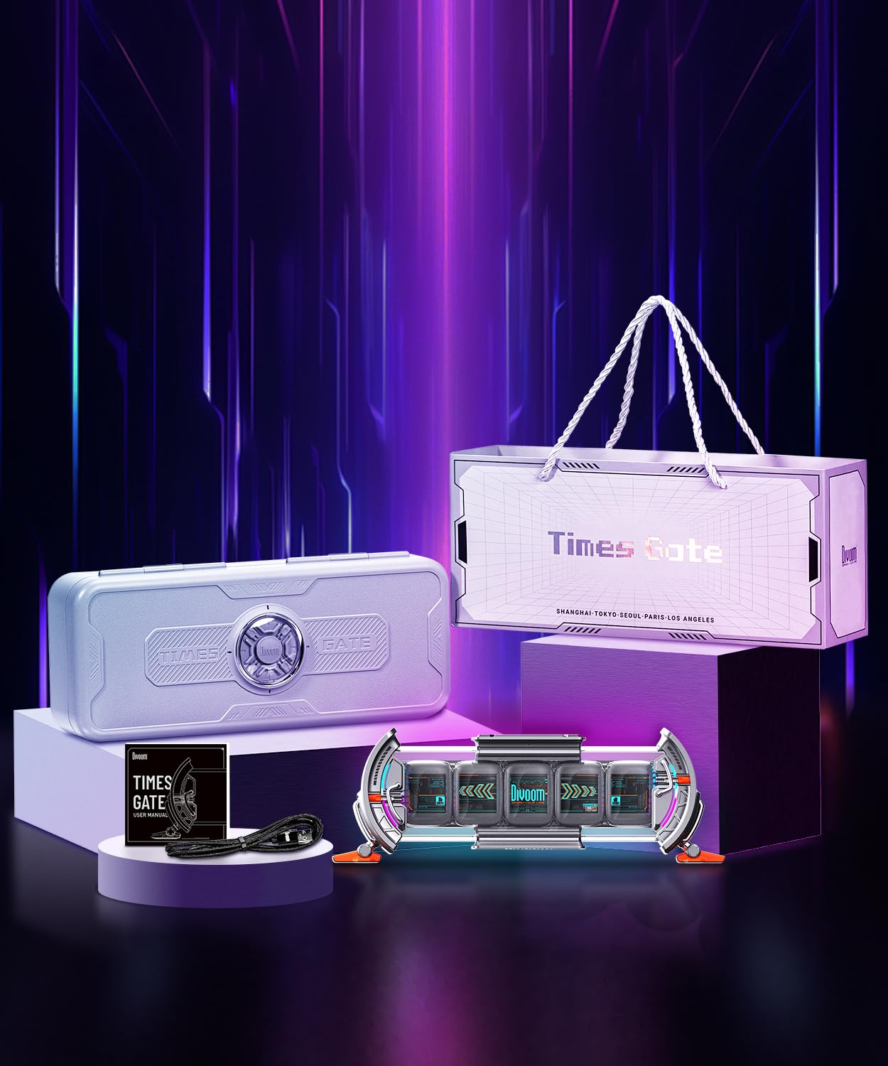 Divoom Times Gate Cyberpunk RGB Gaming Desk Accessories - Silver Gaming Room Decor with WiFi Connection, DIY Pixel Art Display Screen, Compatible with iPhone and Android