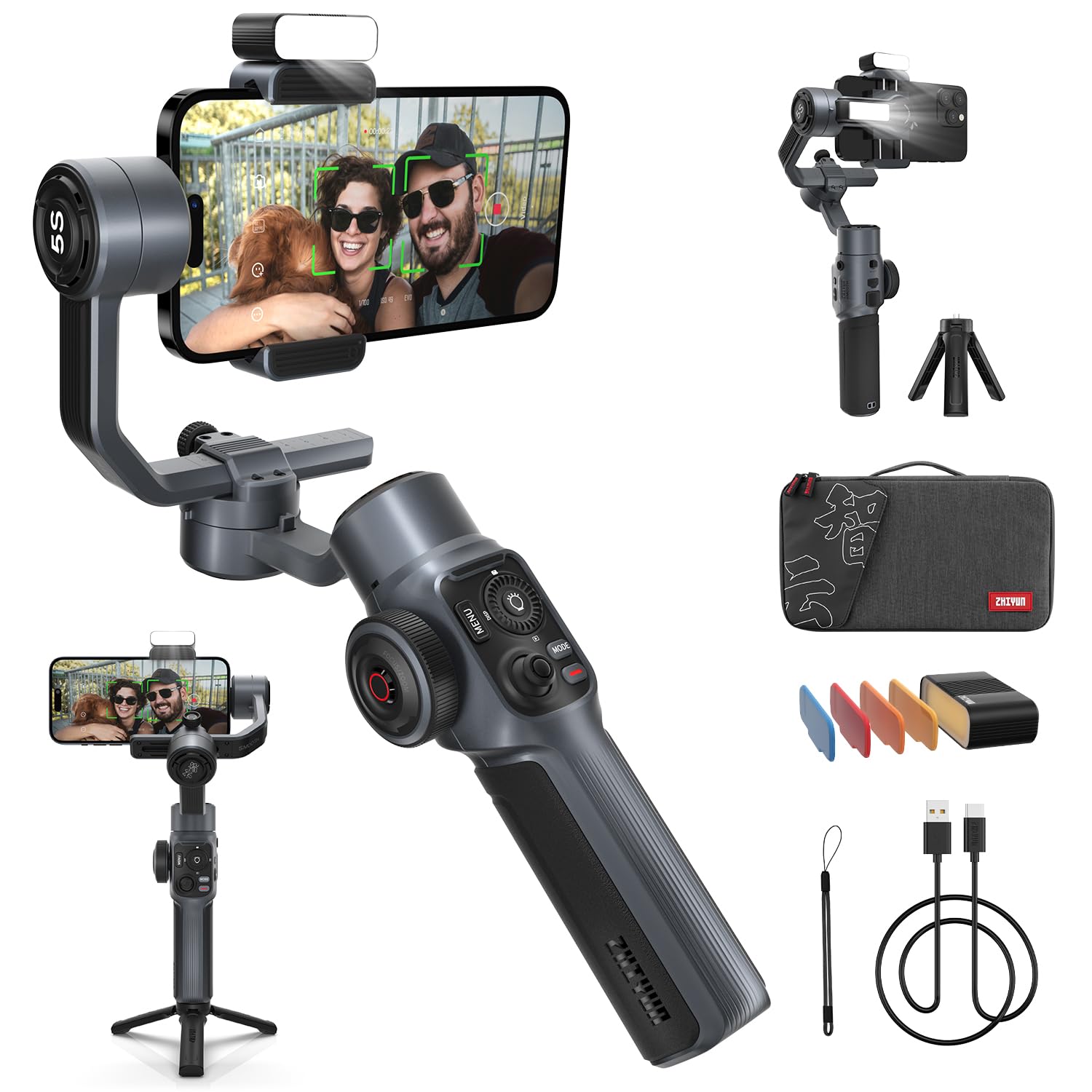 Zhiyun Smooth 5S Gimbal Stabilizer, 3-Axis Handheld Smartphone Gimbal with Grip Tripod (Gray Combo)