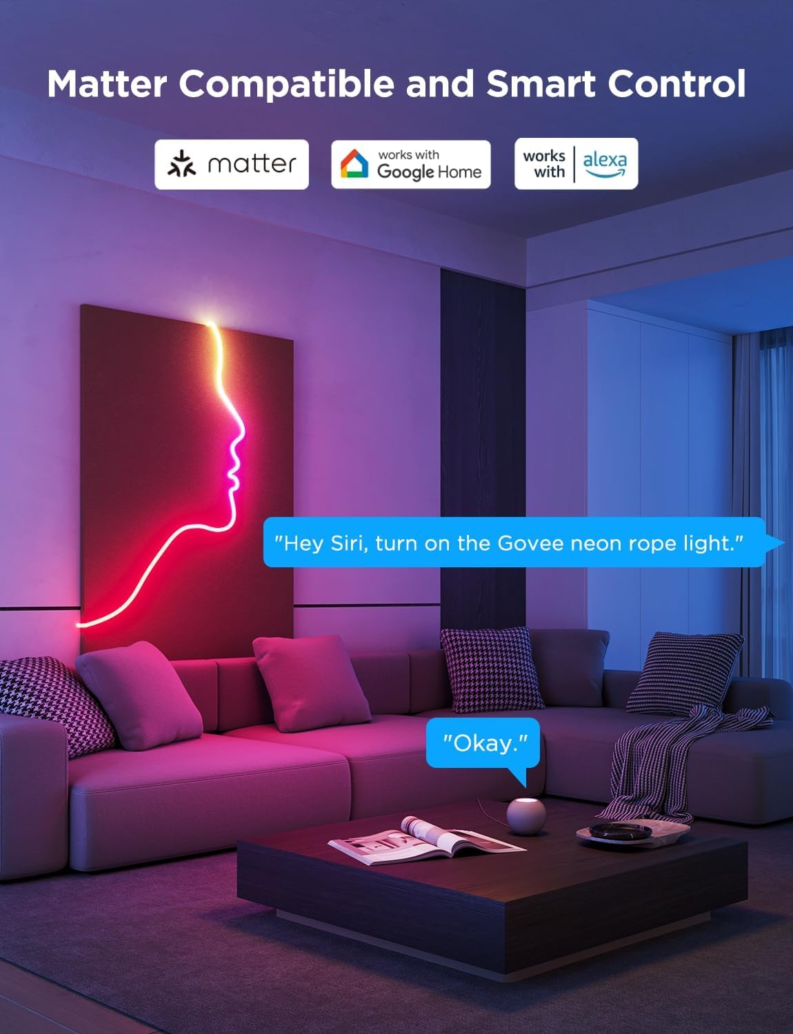 جوفي حبل اضاءة نيون 2، شريط اضاءة LED نيون RGBIC مع رسم خرائط الاشكال، يعمل مع المادة، اليكسا ومساعد جوجل، ضوء نيون لتزيين الحائط، 5 متر