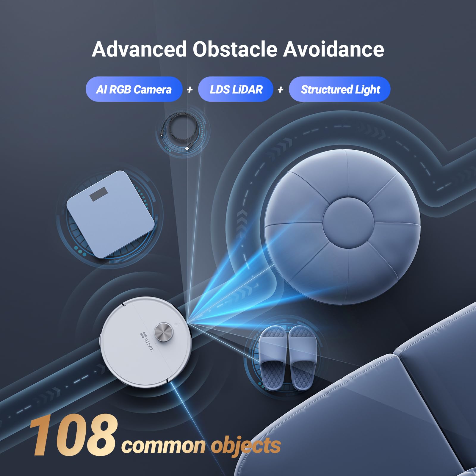 EZVIZ مكنسة كهربائية روبوتية RS20 ماكس مع وظيفة ممسحة، مكنسة تنظيف 13000 باسكال، تجنب العوائق النشطة، تفريغ تلقائي/غسيل تلقائي/تجفيف تلقائي، متوافقة مع اليكس وجوجل وسيري