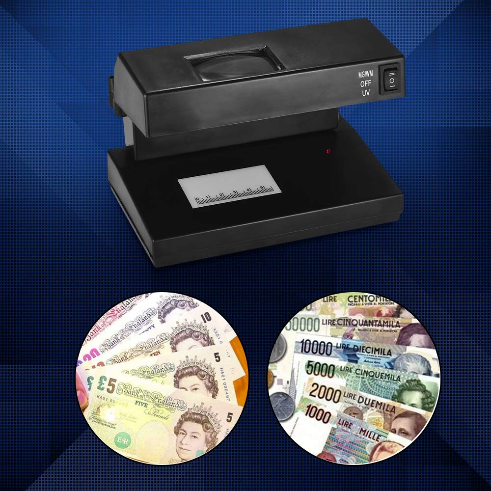 Portable Desktop Counterfeit Bill Cash Banknotes Notes Checker Machine Support Ultraviolet UV and Watermark Detection with Magnifier Forged Money Tester for USD EURO POUND, EU Plug