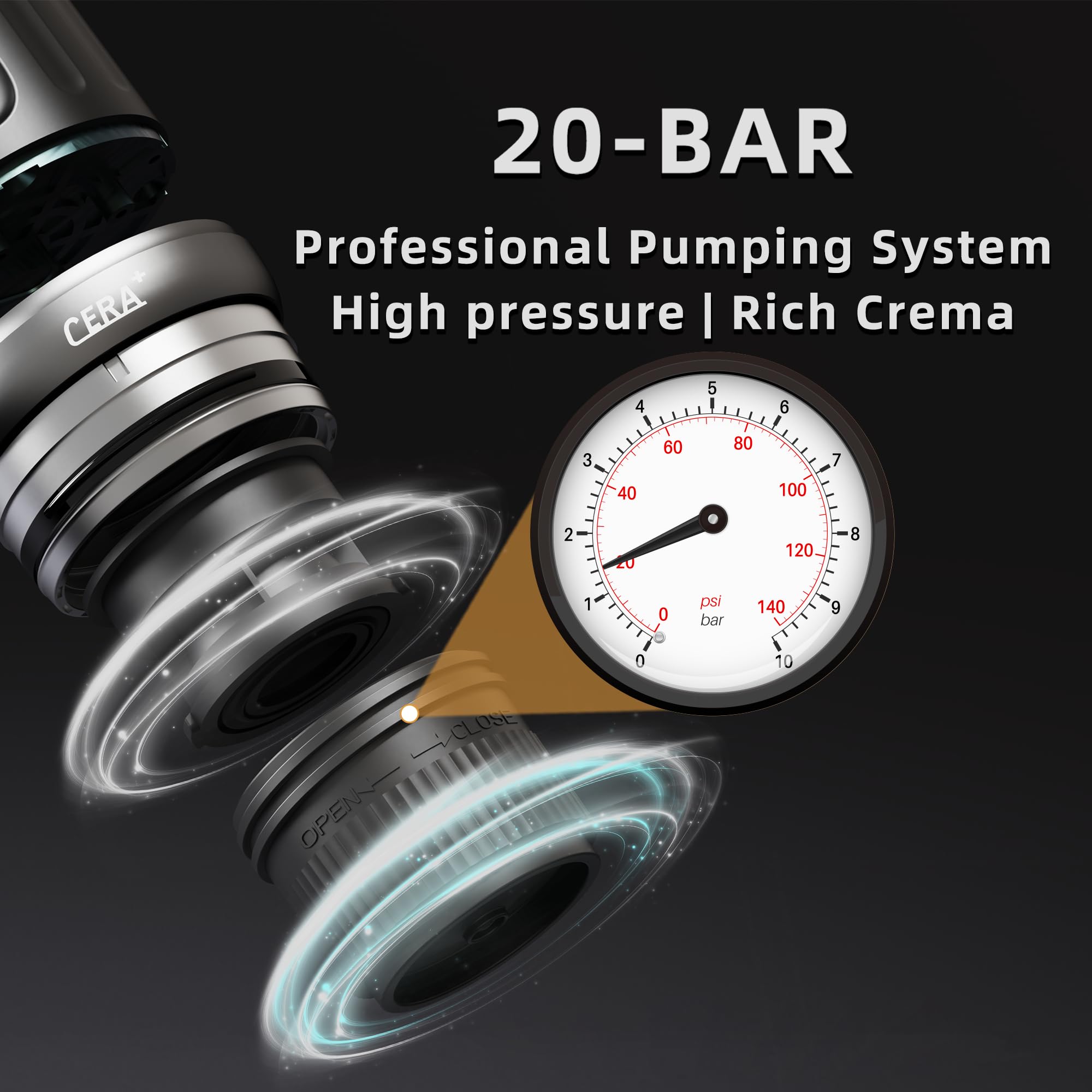 CERA+ Portable Electric Espresso Maker, 20 Bar Pressure, Self-Heating with USB-C, Compatible with NS Pods & Ground Coffee for Travel, Camping, Hiking, Car, Office