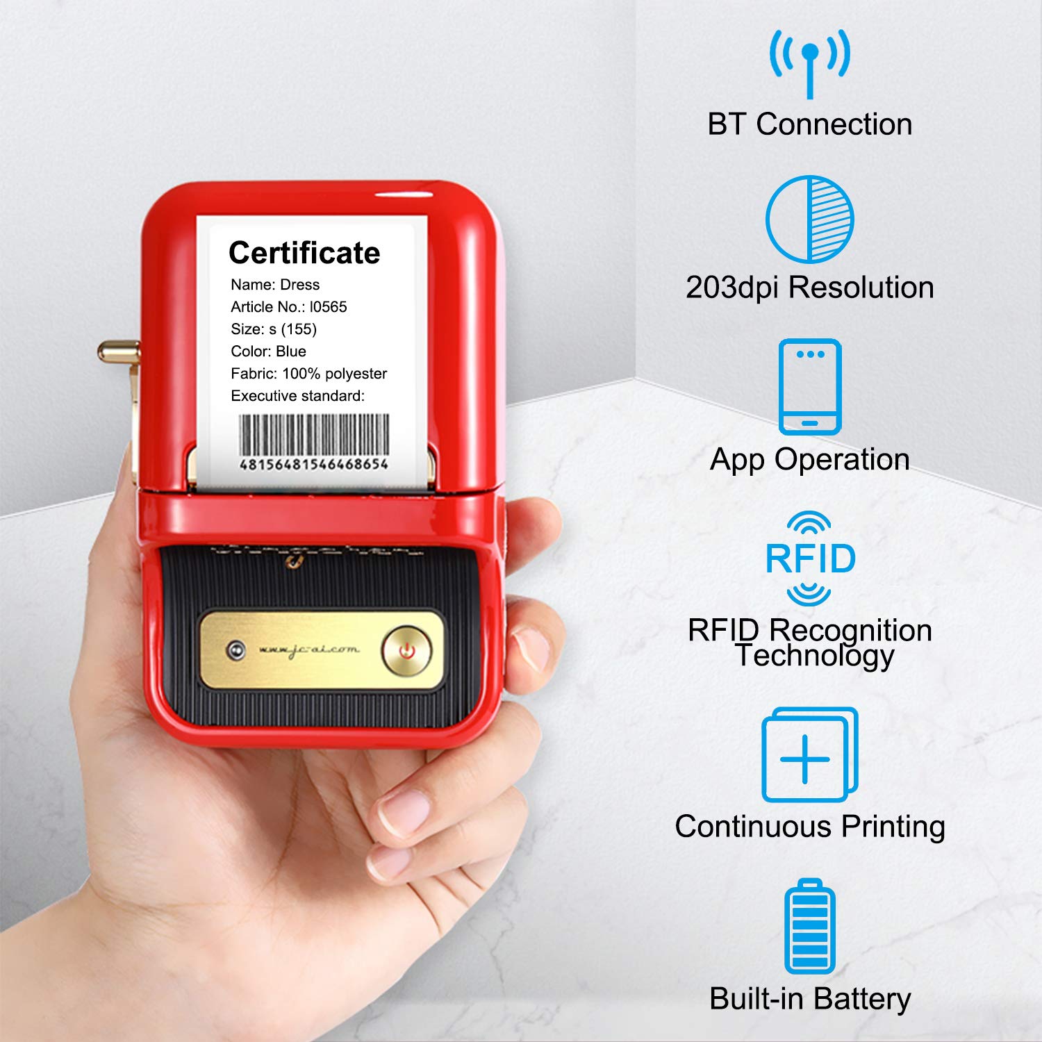 Portable Wireless Bluetooth Thermal Label Printer from Elisashop, Label Printer with RFID Recognition Feature, Great for Supermarket, Clothing, Jewelry, Retail Store and Home