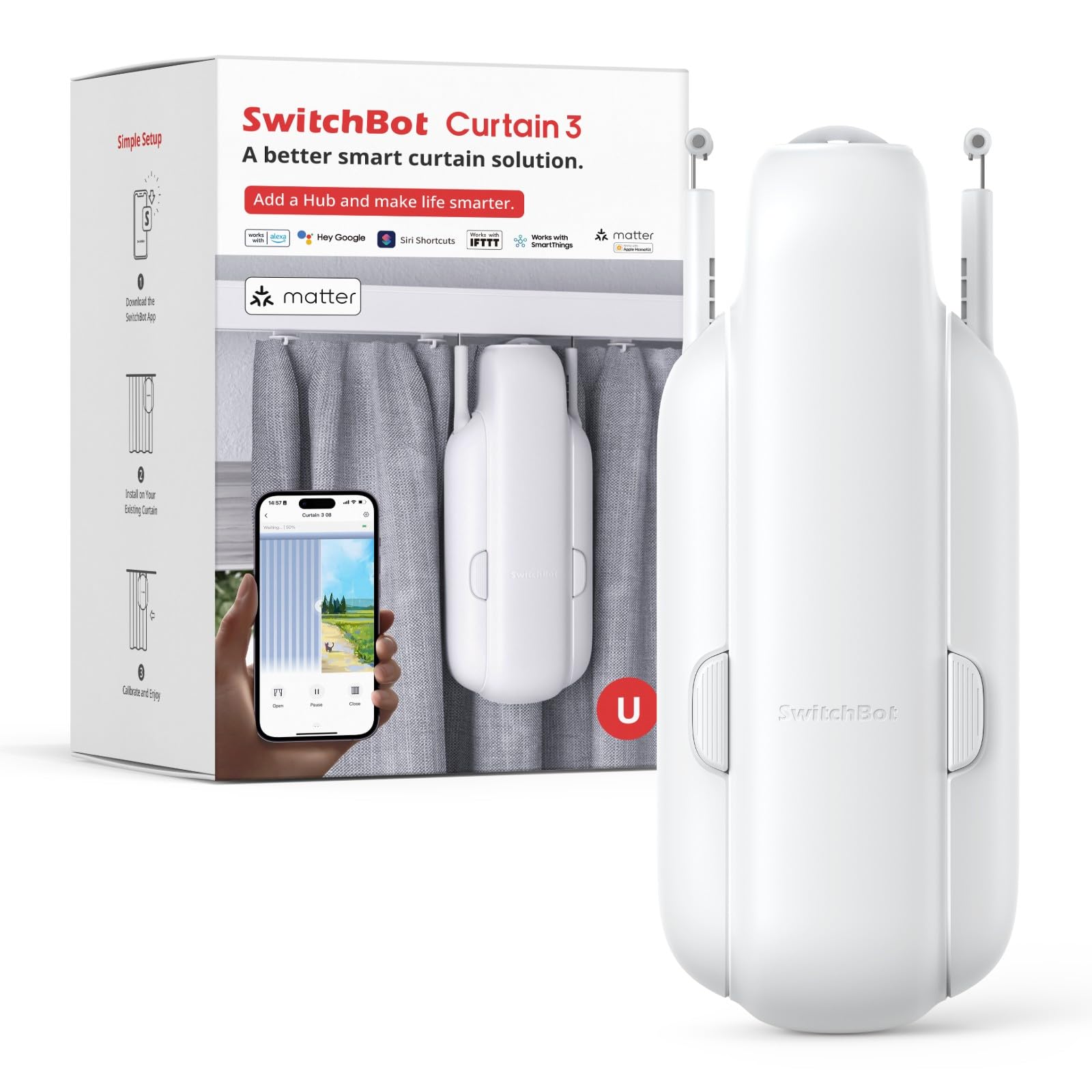 SwitchBot Smart Automatic Curtain Opener - Bluetooth Remote Control with App/Timer, Upgraded High Performance Motor, Compatible with Alexa, Google Home (SwitchBot Hub Required) (Curtain 3, U Rail)
