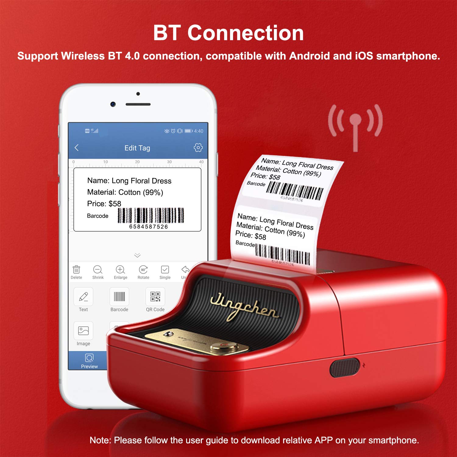 Portable Wireless Bluetooth Thermal Label Printer from Elisashop, Label Printer with RFID Recognition Feature, Great for Supermarket, Clothing, Jewelry, Retail Store and Home