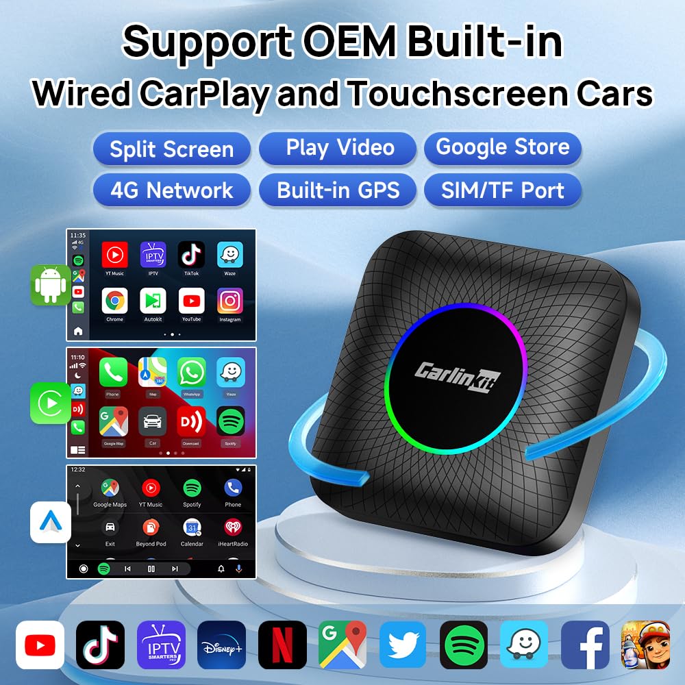 CarlinKit Ai Box CarPlay Android 13.0 for Wired CarPlay and Touchscreen Cars, Support YouTube/Netflix/TikTok/Google Play, Built-in 4G Net, 8-Core 8+128G