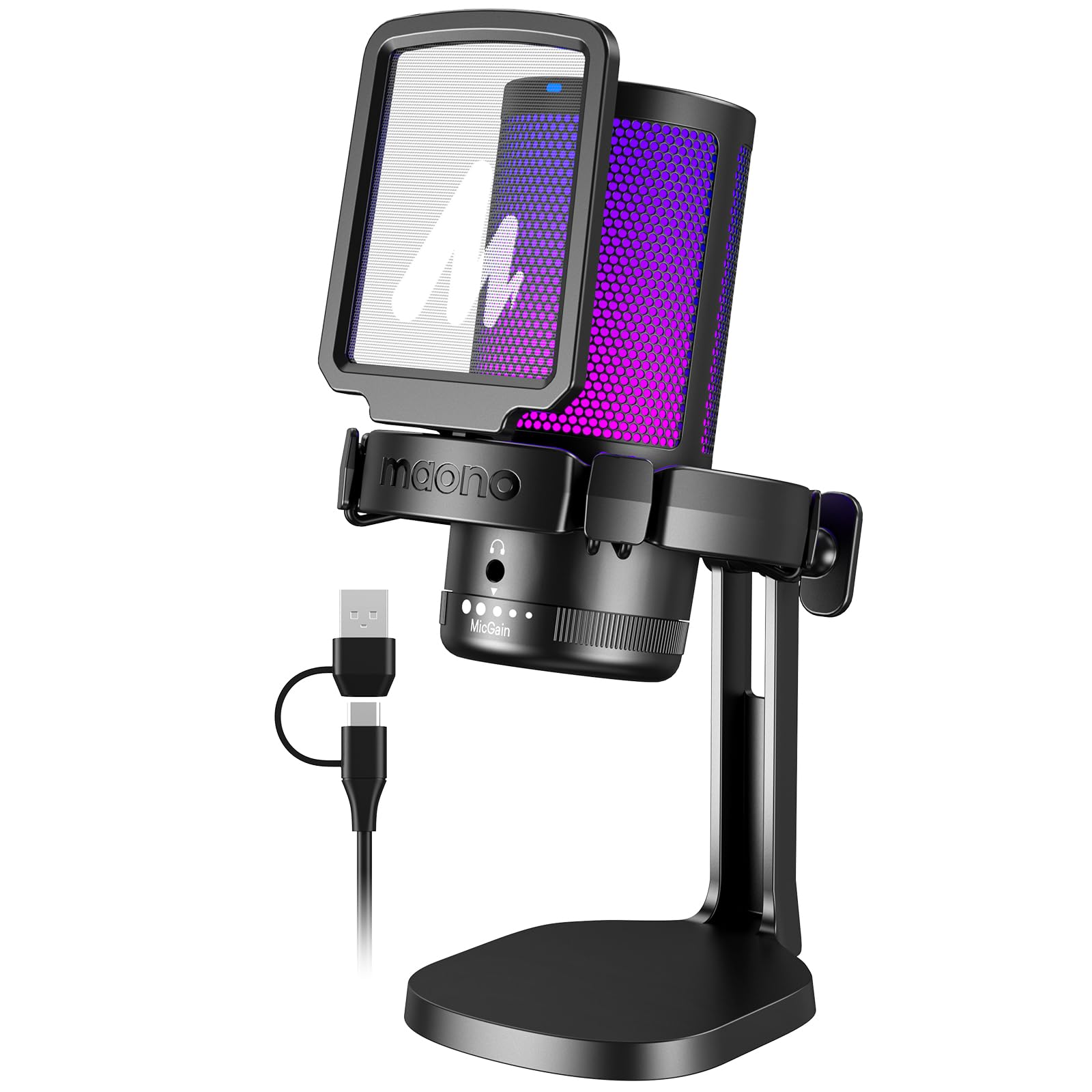 MAONO RGB Condenser Gaming Mic, USB Podcast Microphone with Active Noise Cancellation, Mic Gain, 1-Click Mute, Adjustable RGB Light for YouTube Recording, PC, Laptop (DGM20-Black)
