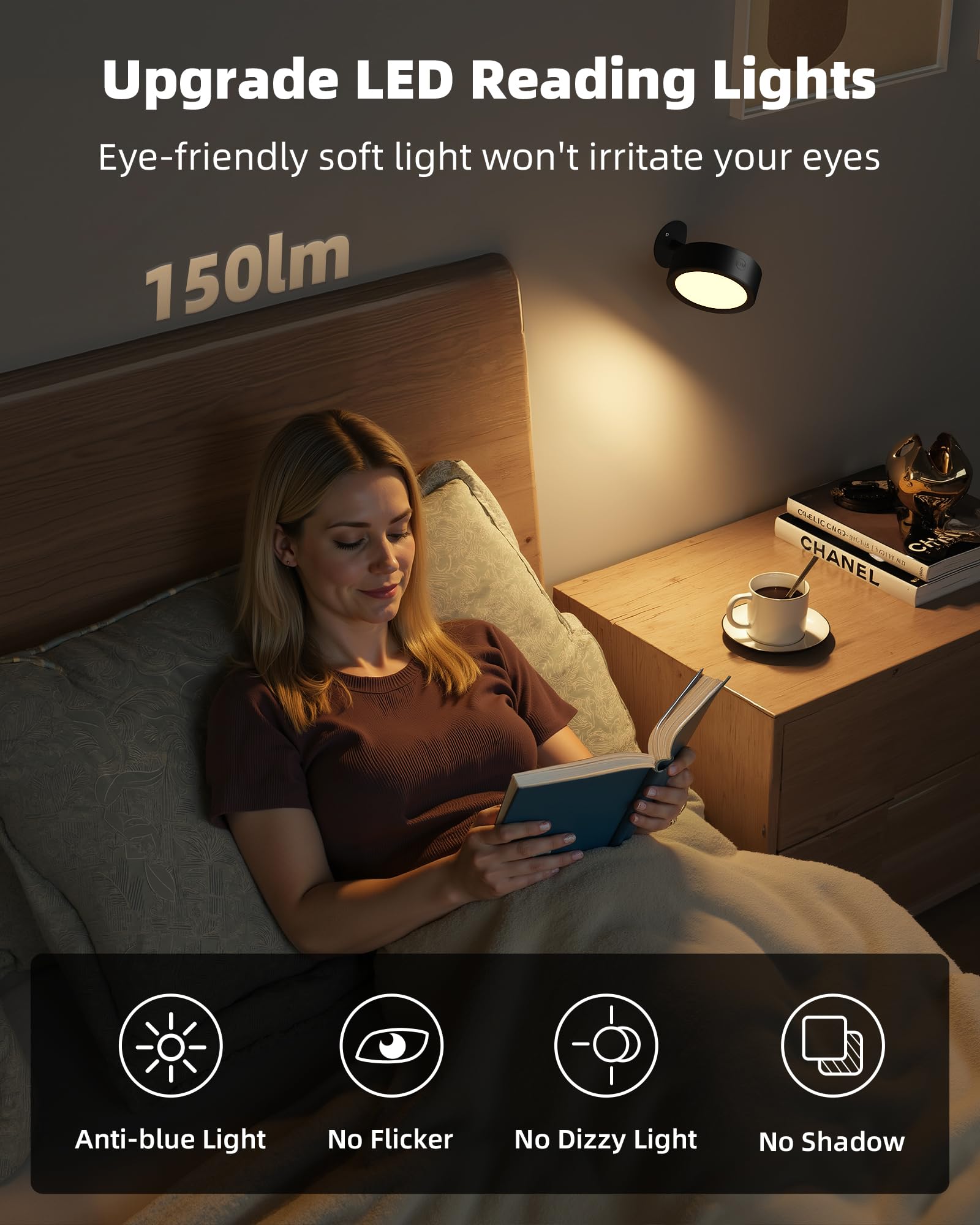 EZVALO Indoor LED Wall Light with 5500mAh Battery, Wireless Wall Lamp with Remote Control, 360 Degree Rotatable, 3 Color Modes, Touch Control for Kids, Living Room and Bedroom, Black (Pack of 2)