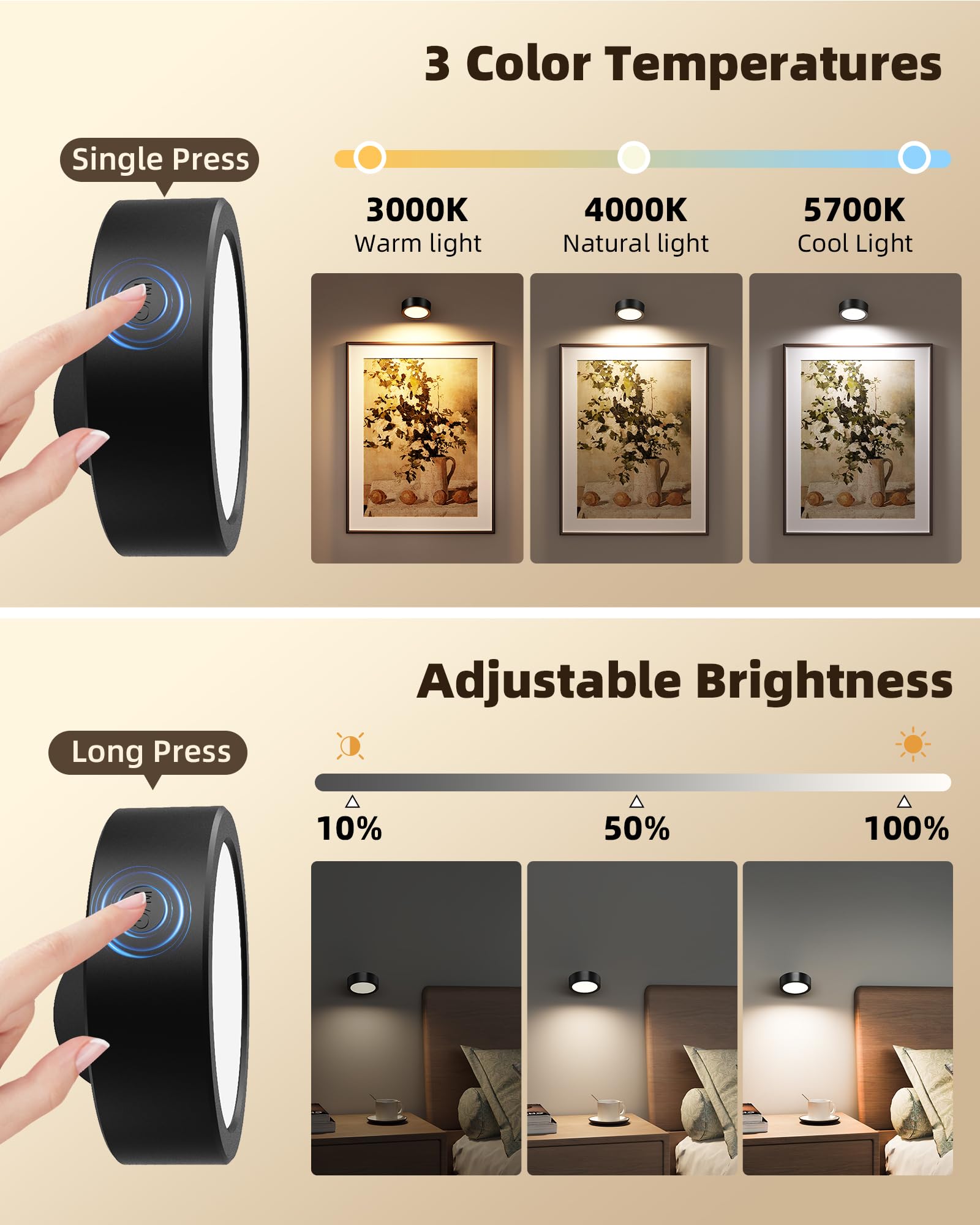 EZVALO Indoor LED Wall Light with 5500mAh Battery, Wireless Wall Lamp with Remote Control, 360 Degree Rotatable, 3 Color Modes, Touch Control for Kids, Living Room and Bedroom, Black (Pack of 2)