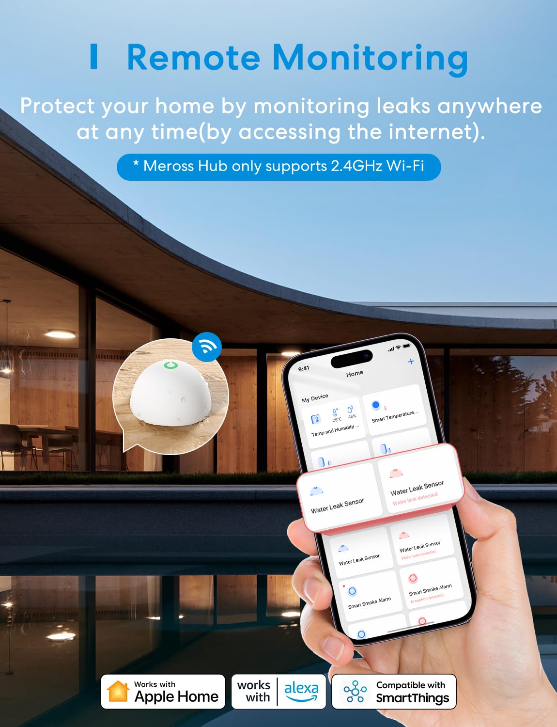 Meross Smart Water Sensor Alarm 3 Pack, WiFi Water Leak Detector Support Apple HomeKit, SmartThings, IP67 Waterproof with App Alerts, Alarm, 100M Range for Home Basement Kitchen (meross Hub