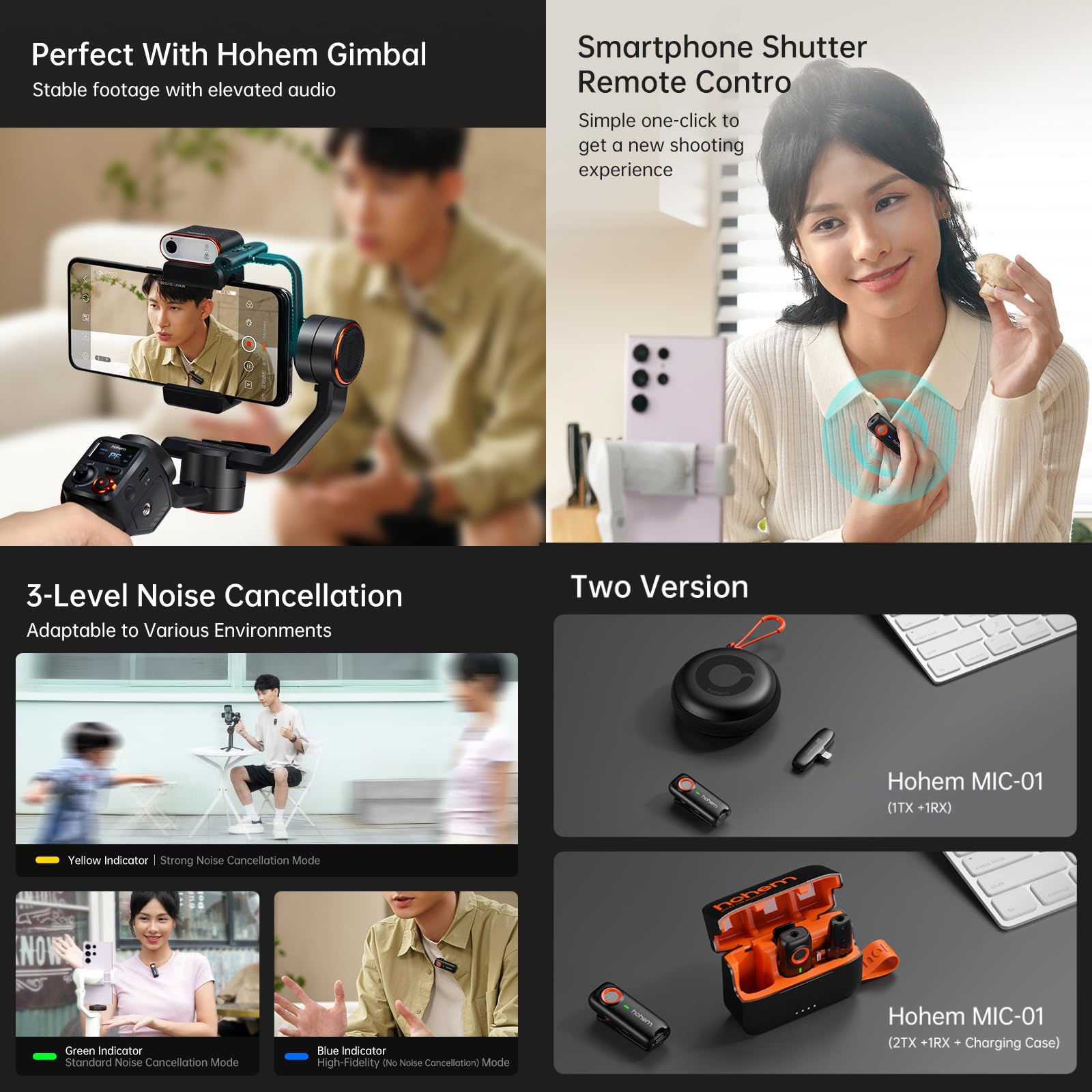 Hohem Wireless Lavalier Microphone MIC-01 for Type-C Port, with DSP Noise Cancellation, Remote Control, TF Card Slot and 20 Hour Runtime for Live Streaming, Interviews and Video Recording