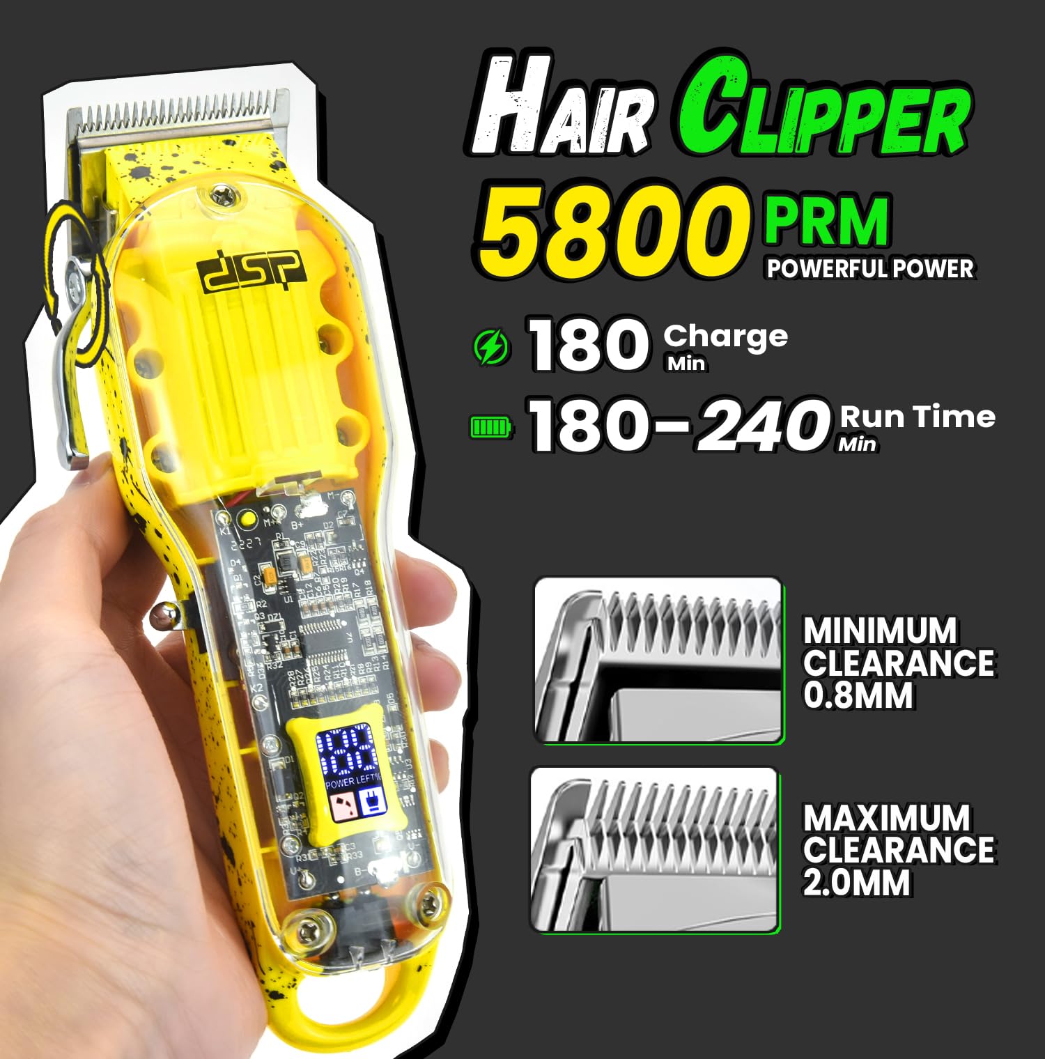 DSP® ماكينة حلاقة الشعر وتشذيب اللحية للرجال، مجموعة حلاقة احترافية لقص الشعر واللحية بدون فجوة، ماكينة حلاقة قابلة لاعادة الشحن مع شاشة LED (اخضر)