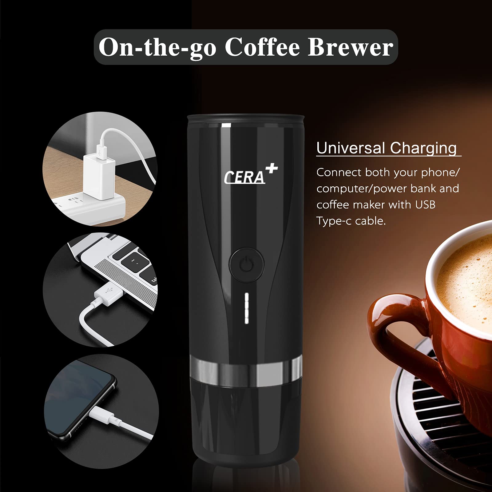 CERA+ Portable Coffee Maker for Travel Espresso Maker 15 Bar Pressure Automatic Coffee Machine Mini Espresso Machine Compatible Capsules Ground Coffee Makers for Home Office USB Coffee Maker(PCM00)