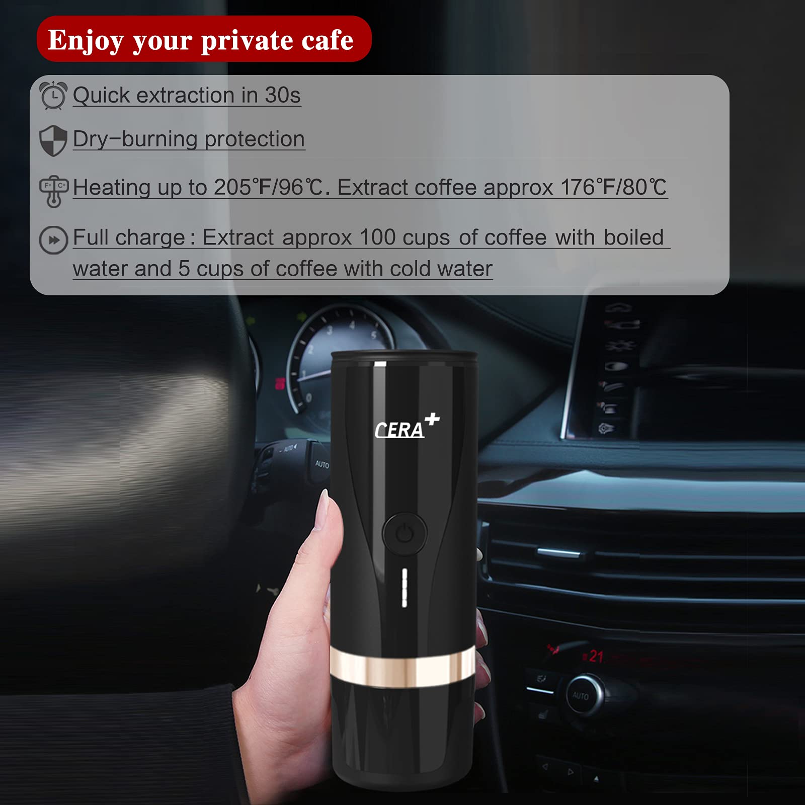 CERA+ Portable Espresso Maker Car Coffee Machine for Travel Coffee Maker 12V Coffee Makers 15 Bar Pressure 1800mAh Rechargeable Battery Operated Espresso Machine for Office Home Driving Camping(Black)