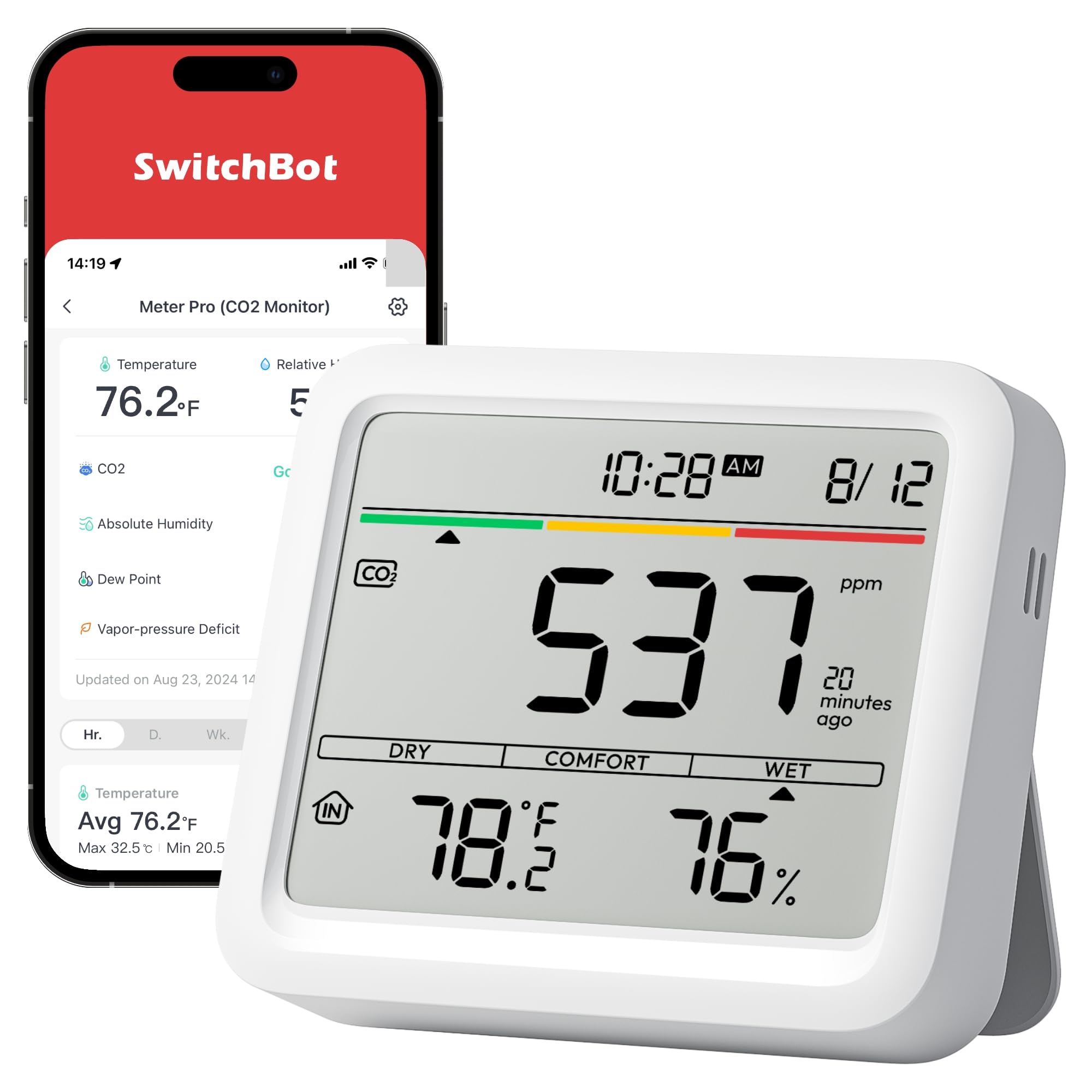 SwitchBot 6-in-1 Indoor Air Quality Monitor Meter Pro, CO2 Alarm, Large Display, Bluetooth Air Quality Tester for Home and Office with Data Storage