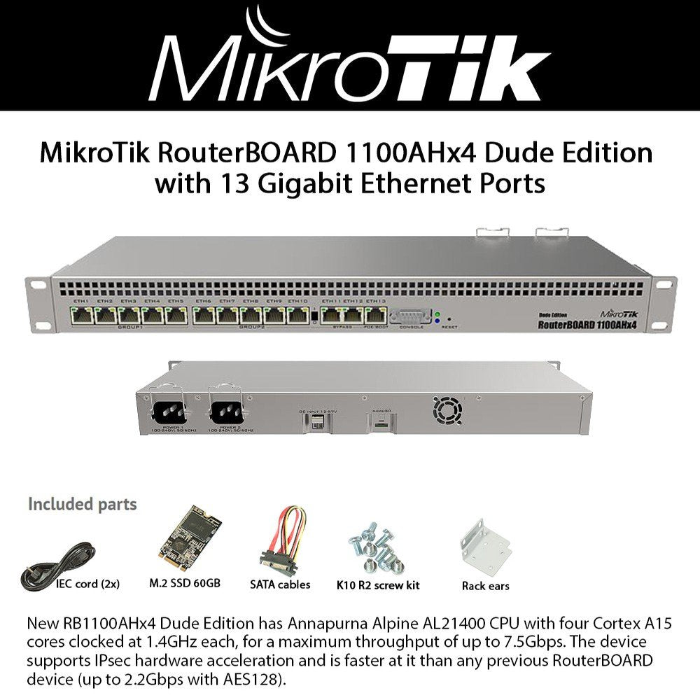 ميكرو تيك راوتر راوتر RB1100AHx4 دود بـ13 منفذ جيجابت اصدار دود - حامل 1U - محرك M.2 سعة 60GB