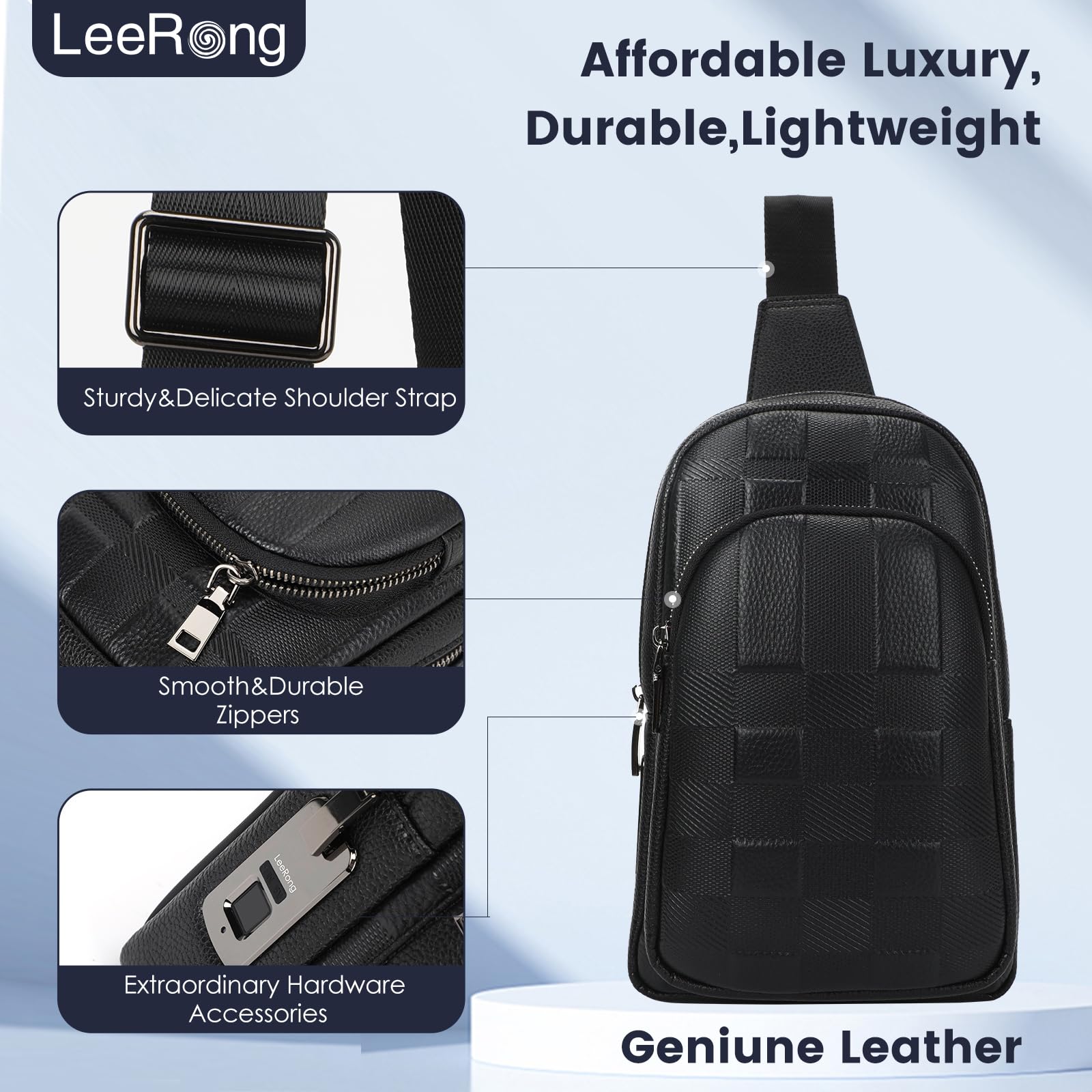 Anti-Theft Fingerprint Crossbody Bag for Men by LeeRong, Waterproof Genuine Leather Crossbody Bag, Large Waterproof Multi-Pocket Shoulder Bag for Men in Black