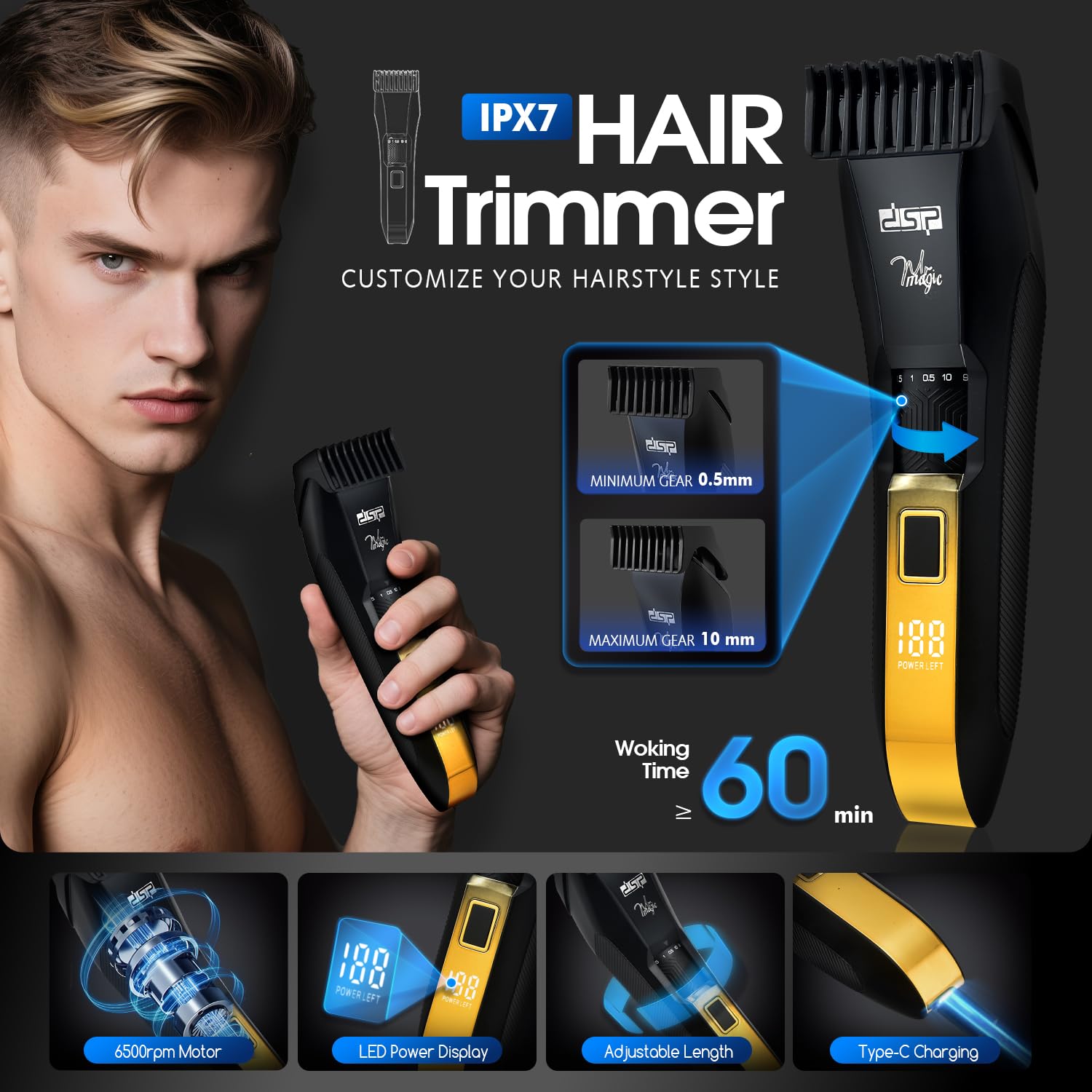 DSP 4-in-1 Men's Care Set with Beard Trimmer, Body Shaver, Nose Hair Trimmer and Razor, IPX7 Waterproof, 20 Levels Adjustable, LED Display, Face and Body Care Set with Ceramic Blades
