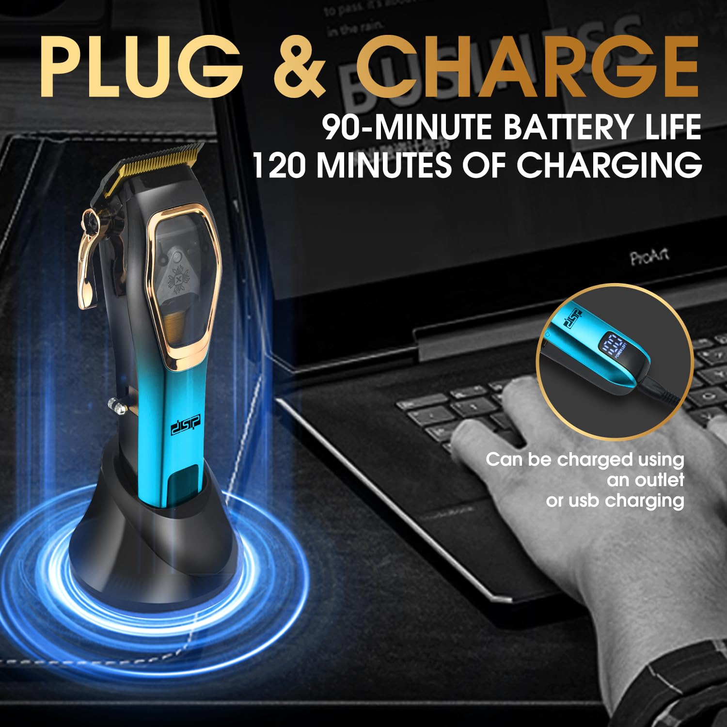 DSP مجموعة ماكينة حلاقة الشعر برو باربر: مغناطيسية لاسلكية 9000 دورة في الدقيقة، تحكم ثابت في السرعة لقص سلس، شفرات سيراميك، بطارية 2500mAh، ضوضاء منخفضة وحرارة - مثالية لتصفيف الشعر والبهتان للرجال