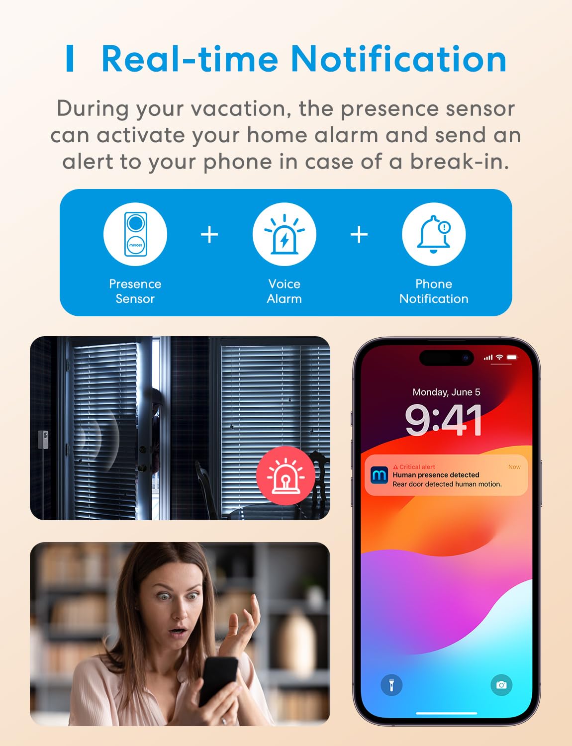 Meross Matter Presence Motion Sensor - Smart Presence Sensor with Cable, Indoor WiFi Motion Detector with App Notification for Home Security, Works with Apple HomeKit, Alexa, Google Home